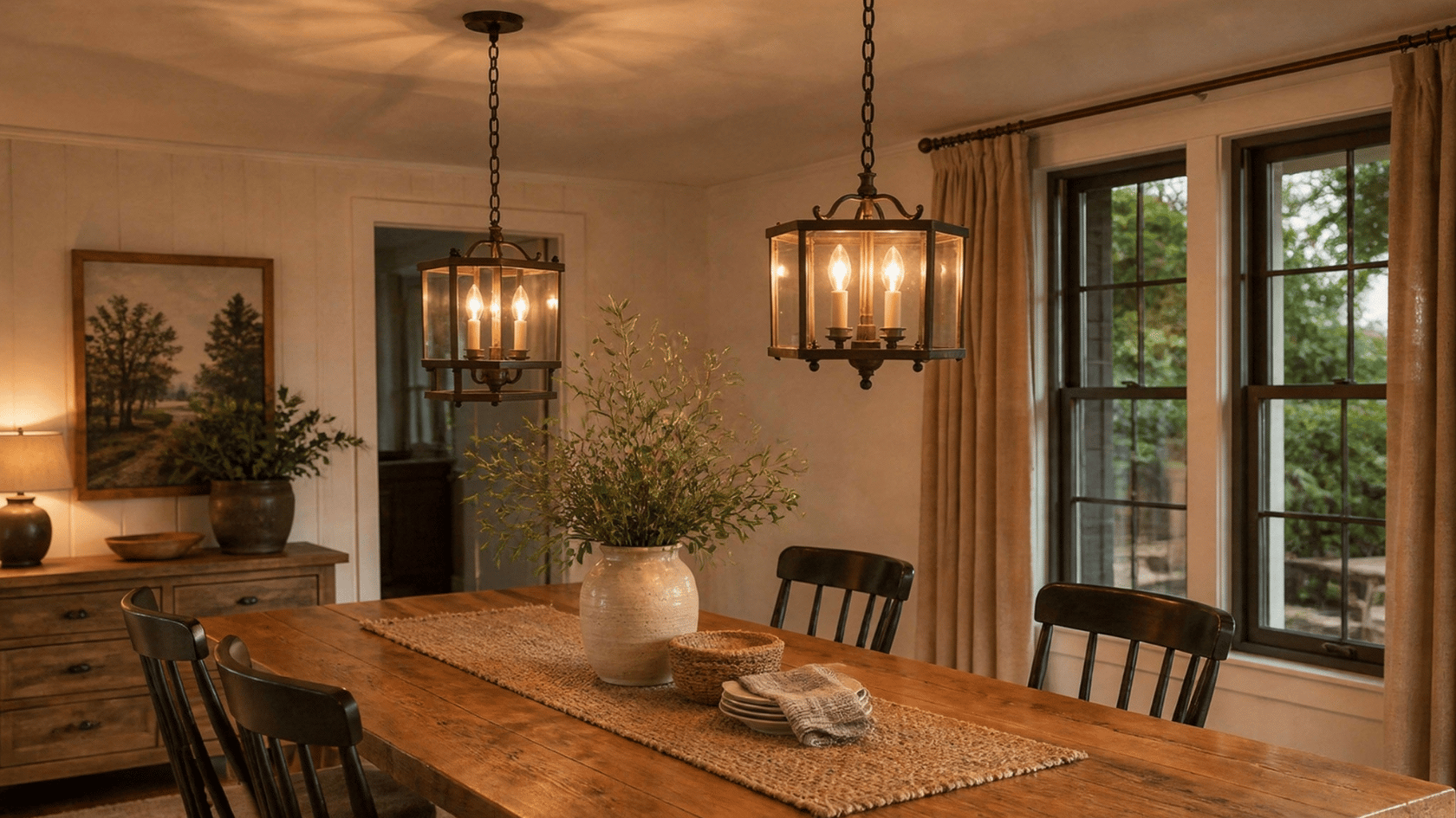 Wrought Iron Lights  Wrought iron light fixtures bring a strong, grounded quality to a <echighlighted><echighlighted>French country kitchen</echighlighted></echighlighted>. They are simple in design but add a lot of visual weight and character to the space.  Iron pendants, ceiling mounts, and chandeliers all work well in this style. The dark finish of wrought iron contrasts nicely with cream cabinets, white walls, and light stone surfaces.