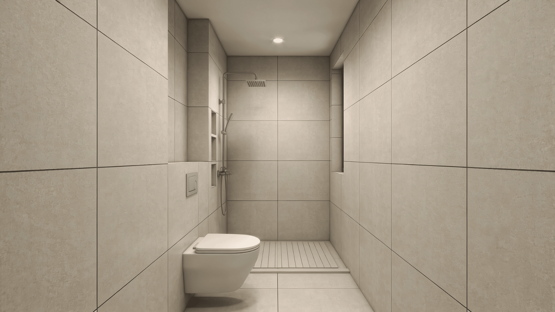 Bathroom with large tiles creating smooth wall and floor surfaces