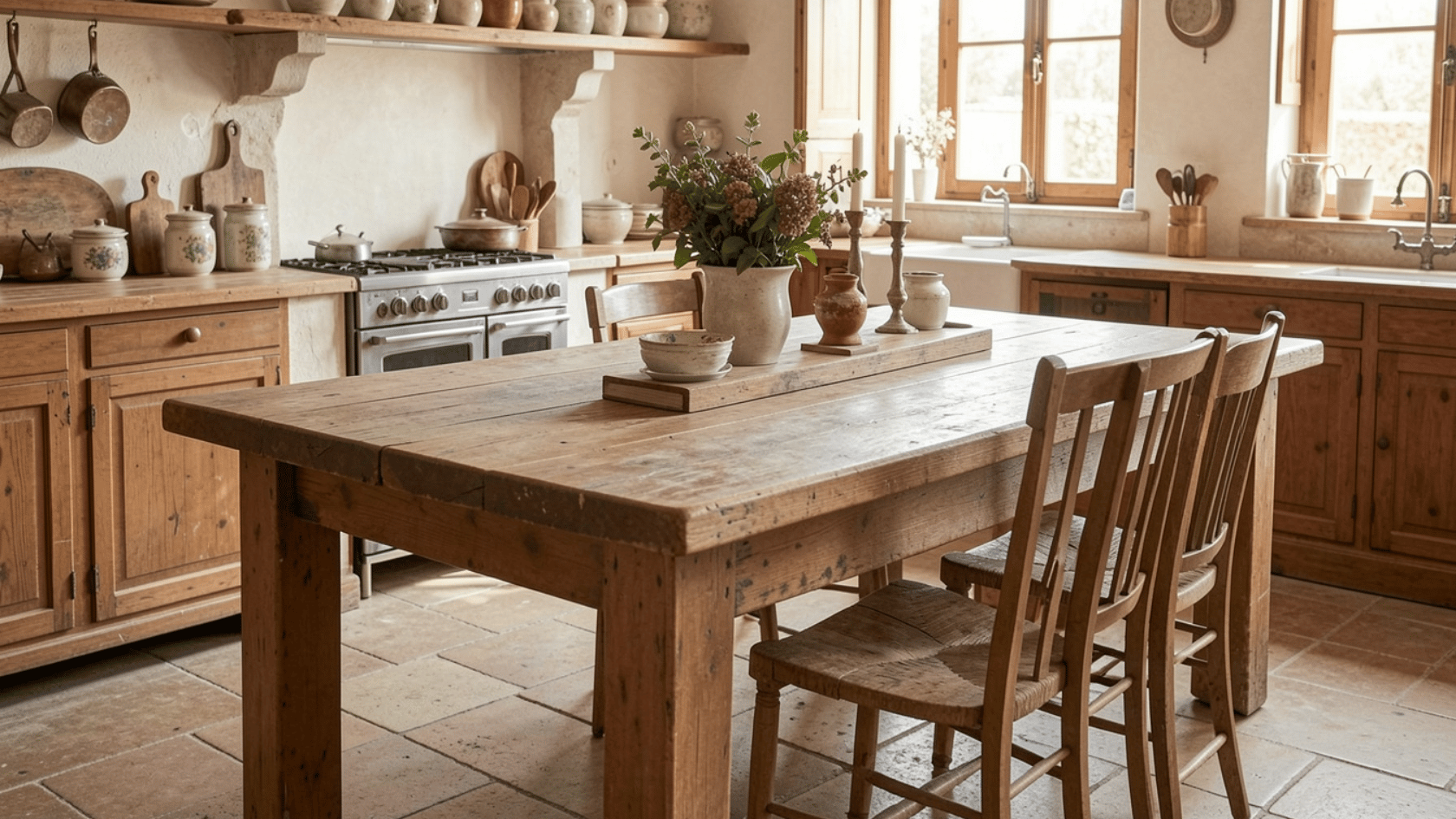 Large wood table with a thick top and worn finish in a rustic French country kitchen