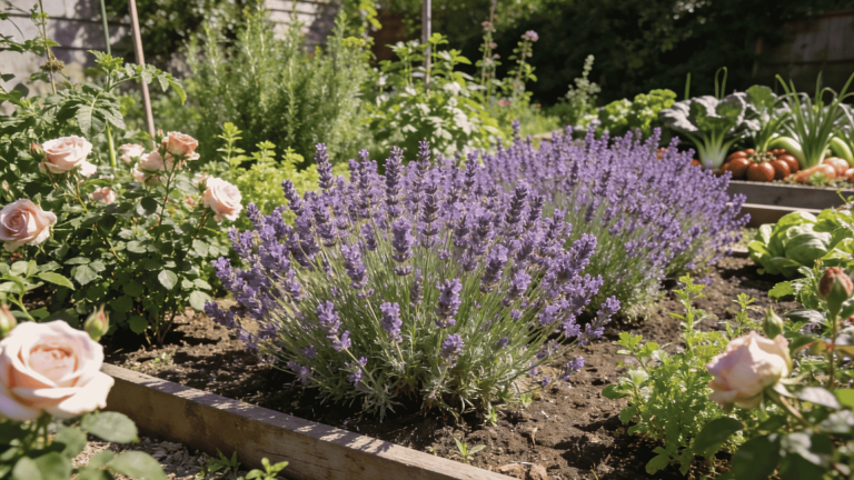 Lavender companion plants growing with roses and herbs in a healthy garden bed.