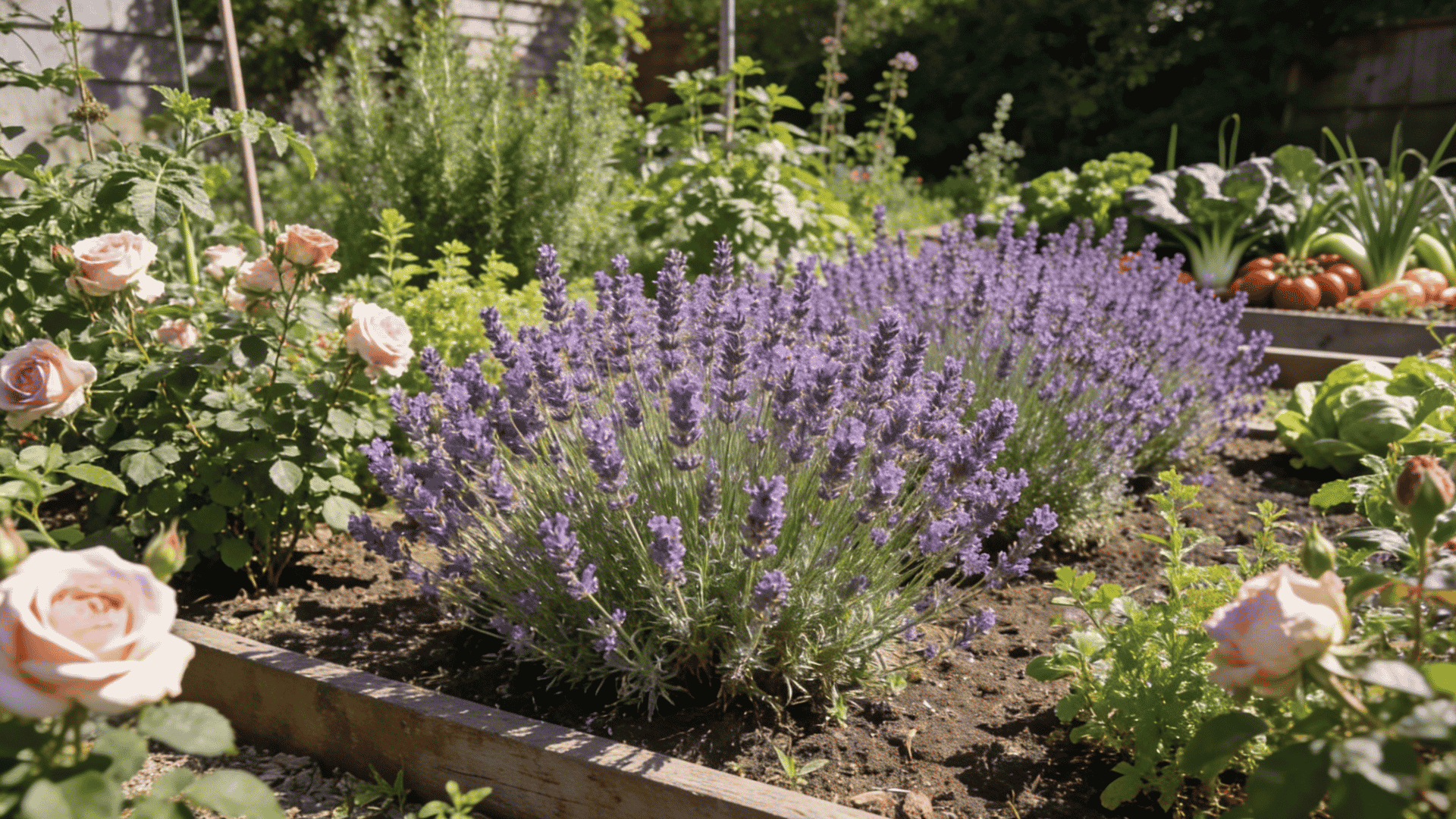 Lavender companion plants growing with roses and herbs in a healthy garden bed.