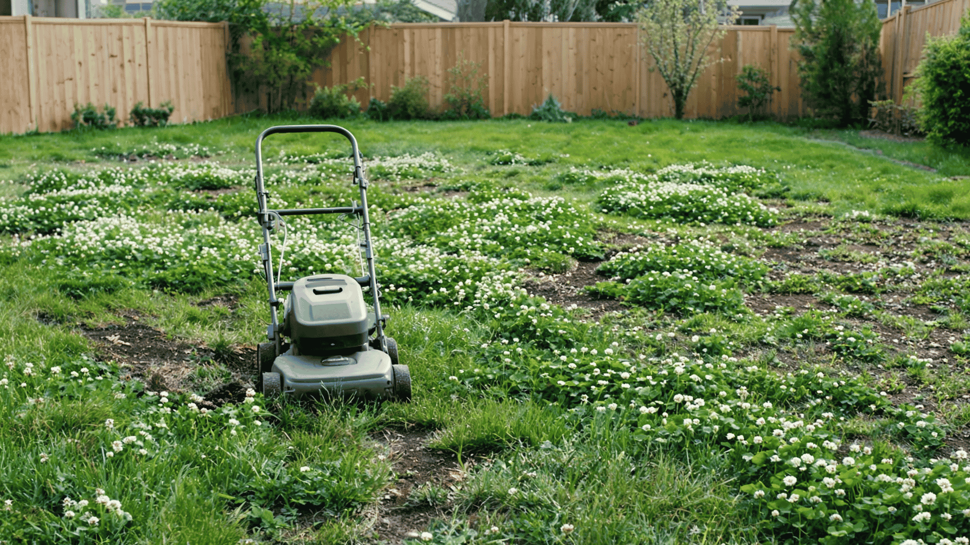 Lawn mower cutting through a clover-covered backyard lawn with green grass, white flowers, and a wooden fence in the background.