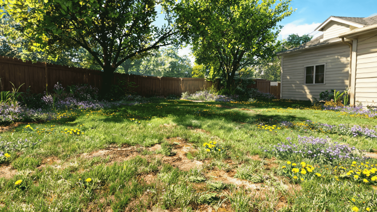 Lawn with creeping weeds spreading through grass and uneven patches in a backyard garden.