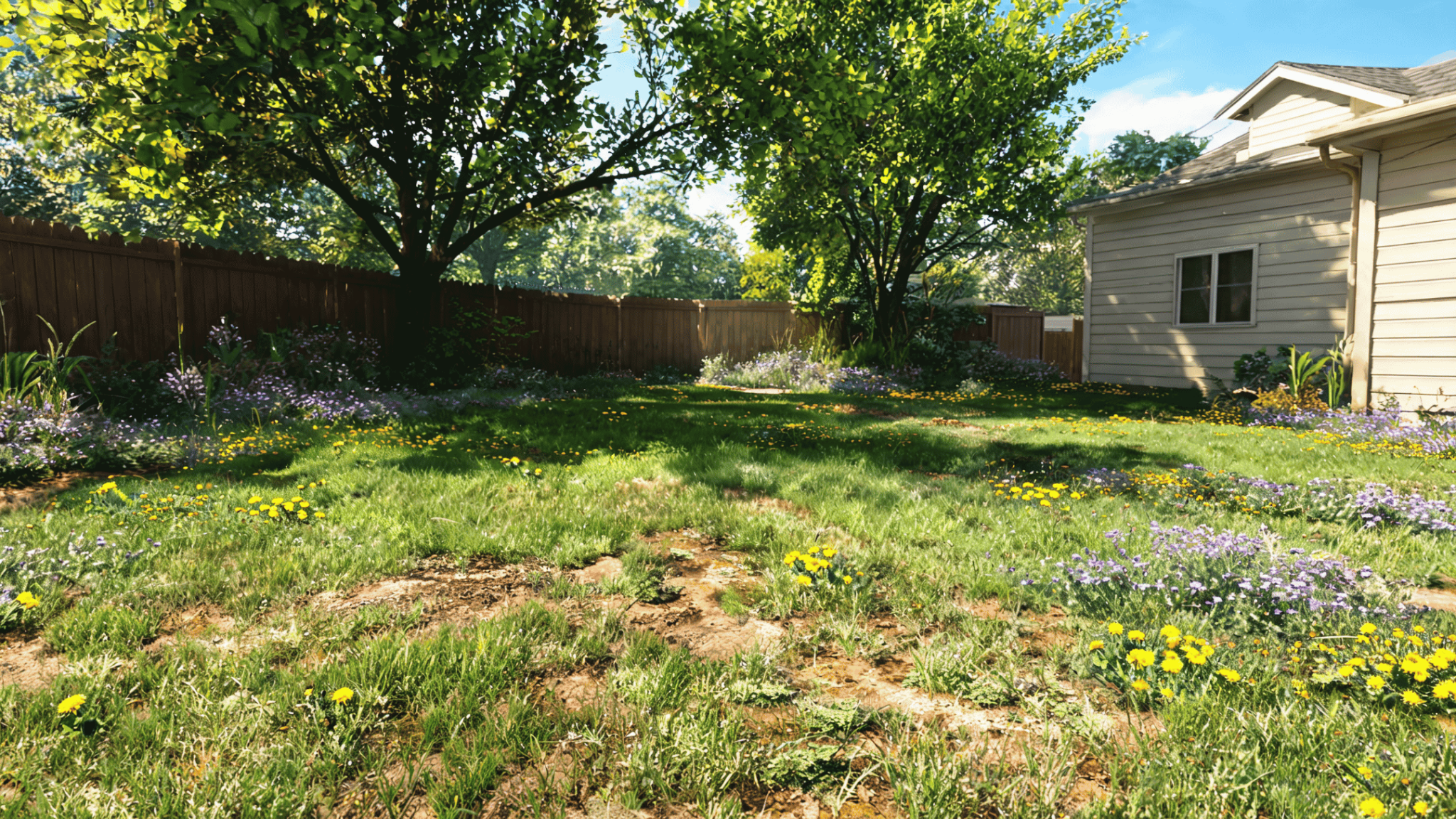Lawn with creeping weeds spreading through grass and uneven patches in a backyard garden.