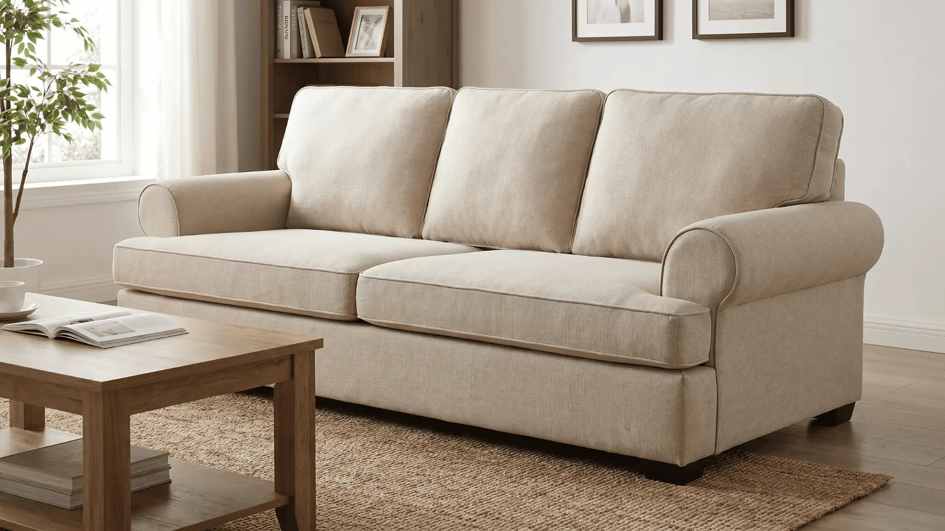 Lawson sofa with three loose cushions and low arms in a simple living room