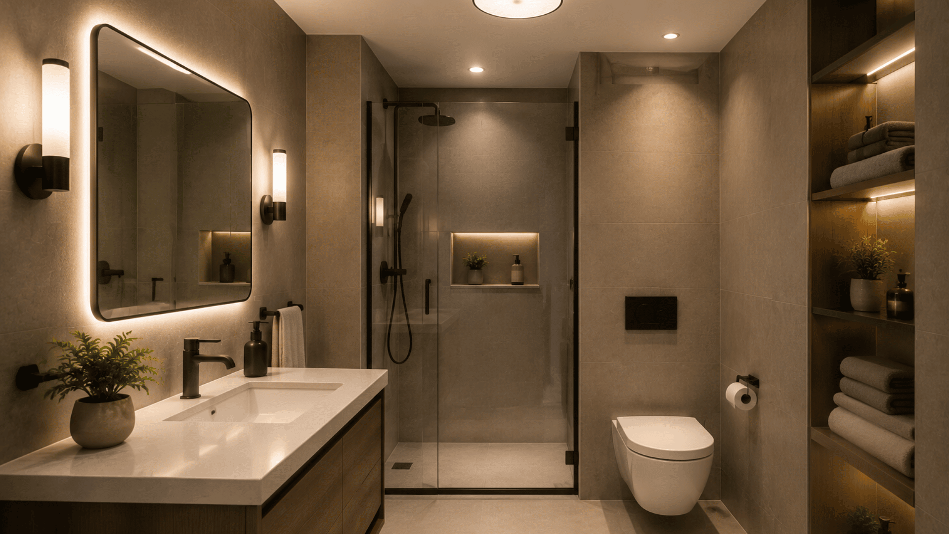 Bathroom with ceiling, mirror, and wall lights creating even illumination