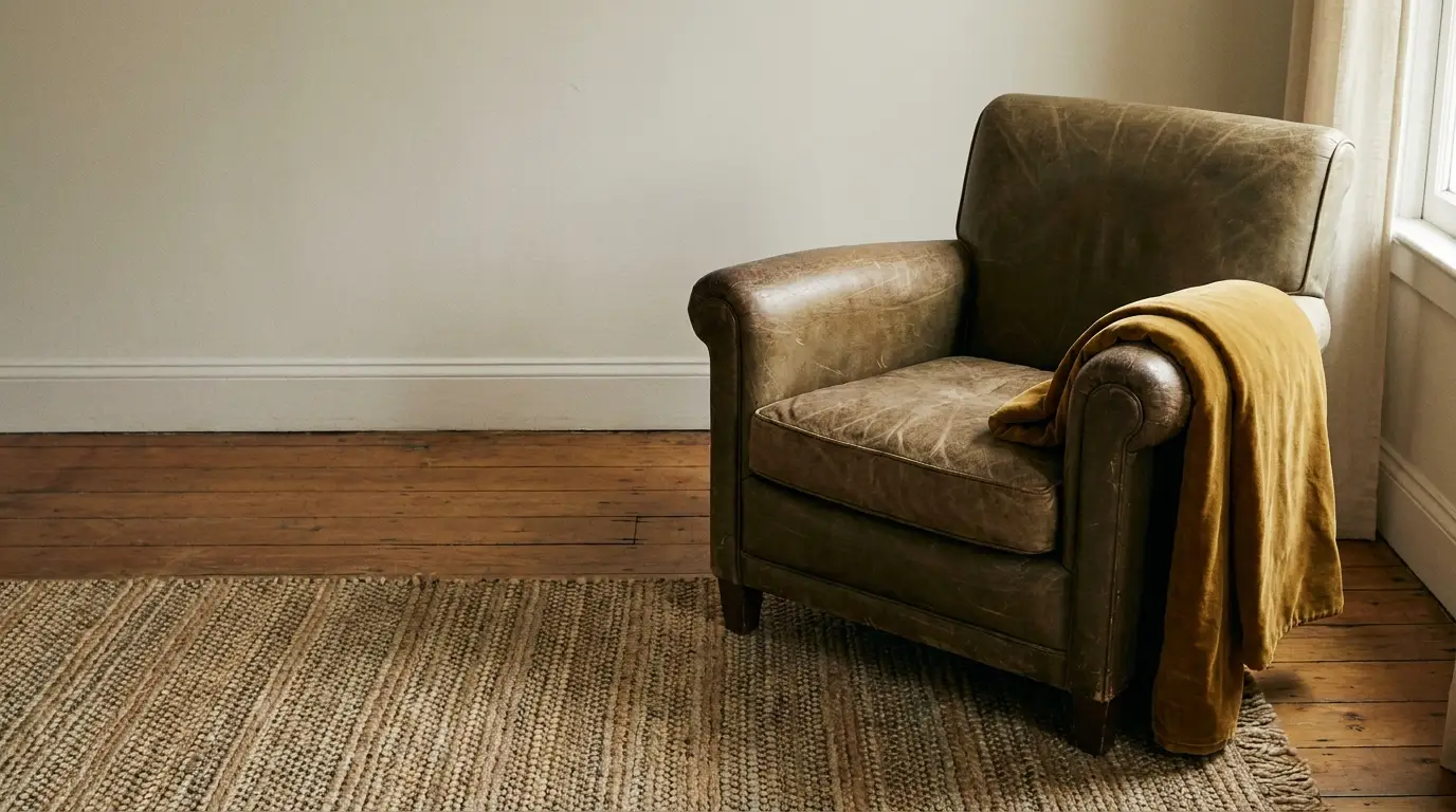 Vintage leather armchair with mustard throw in cozy living room corner