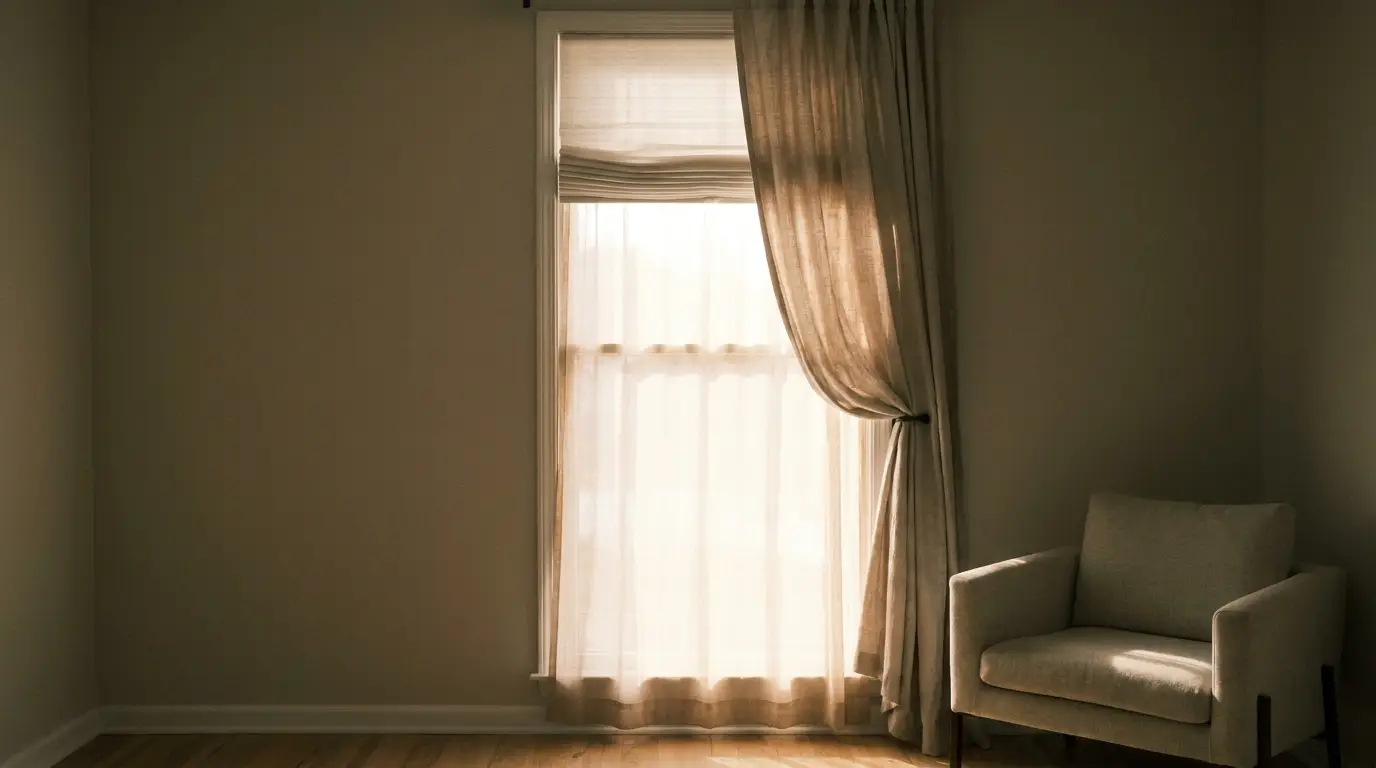 Curtained window and beige armchair in softly lit minimalist room