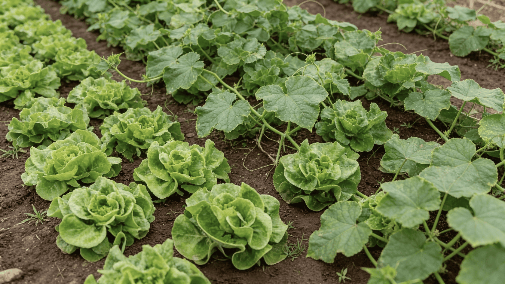 Lettuce plants growing between cucumber vines covering soil in a vegetable garden bed