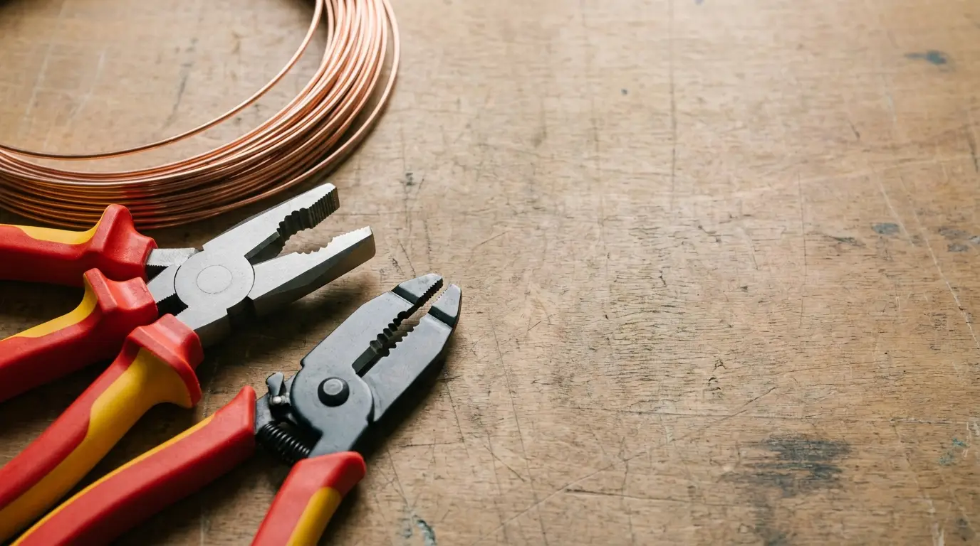 Pliers and coiled copper wire on rustic wooden workbench surface