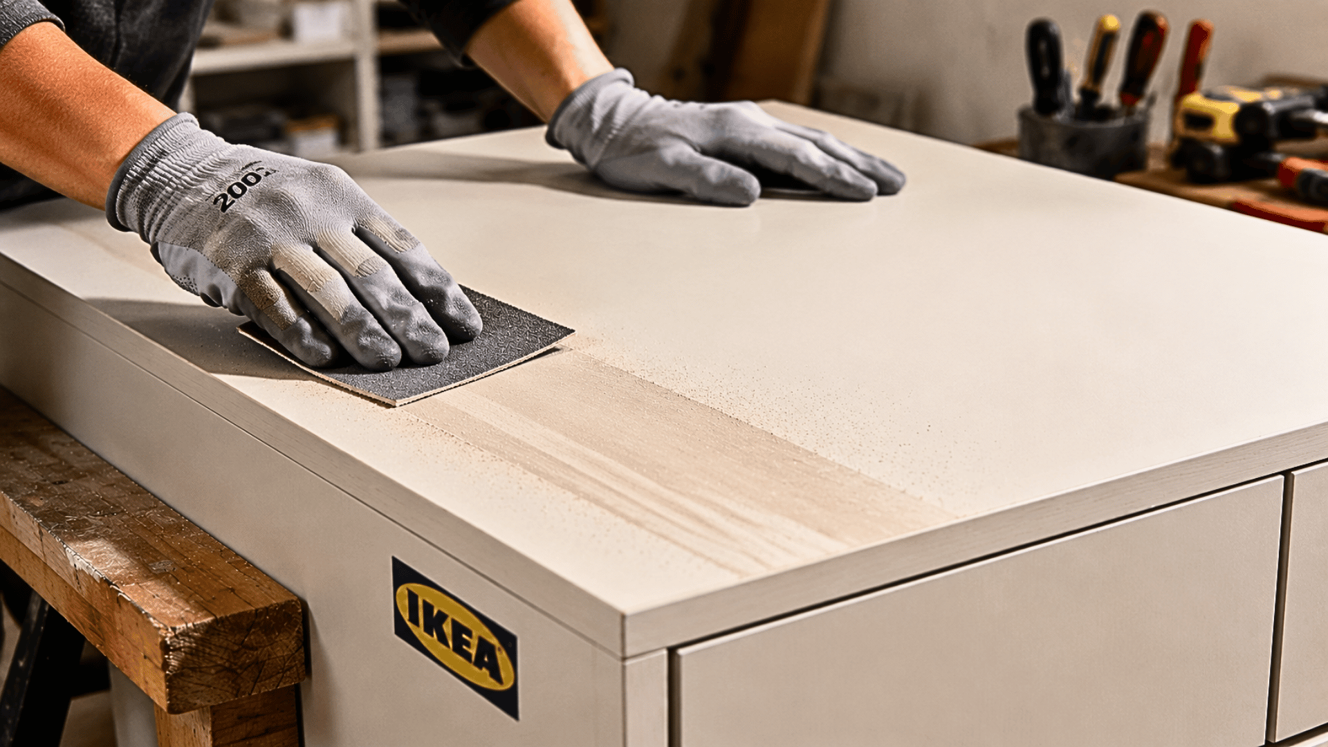 Hands lightly sanding IKEA laminate furniture.