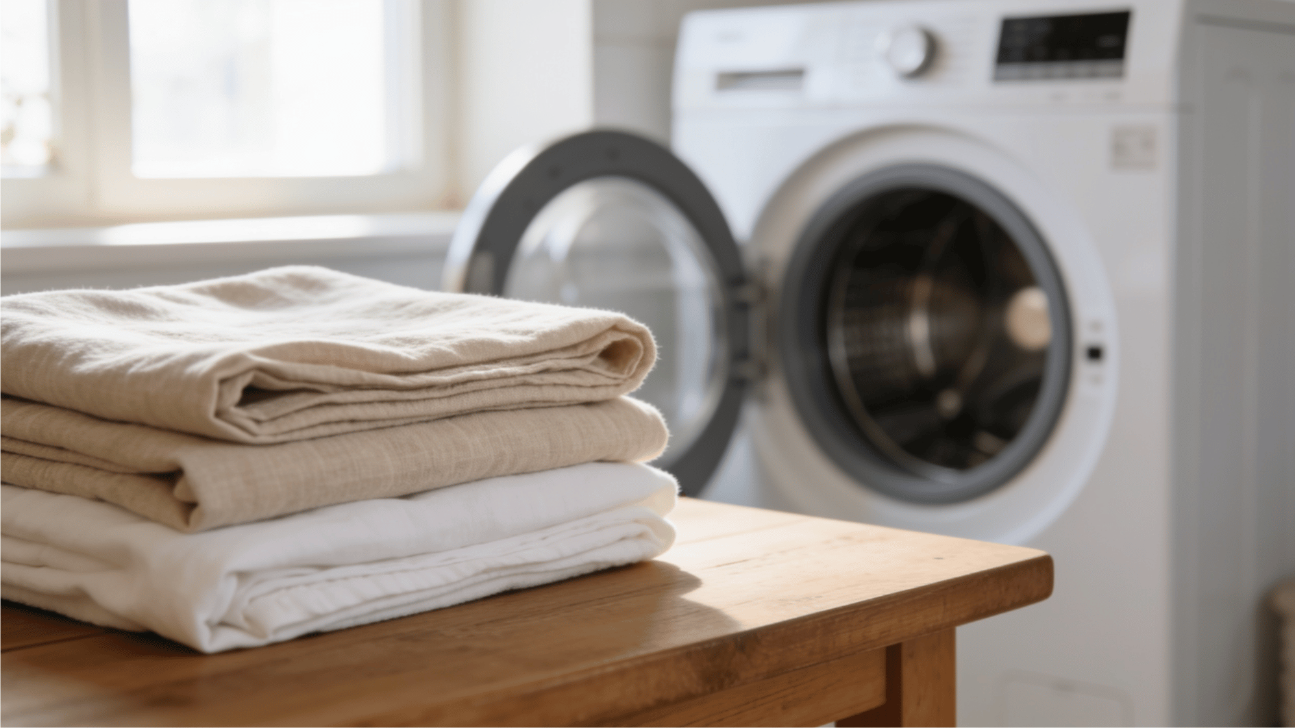 linen sheets folded beside a dryer in a bright laundry room with natural sunlight and clean decor