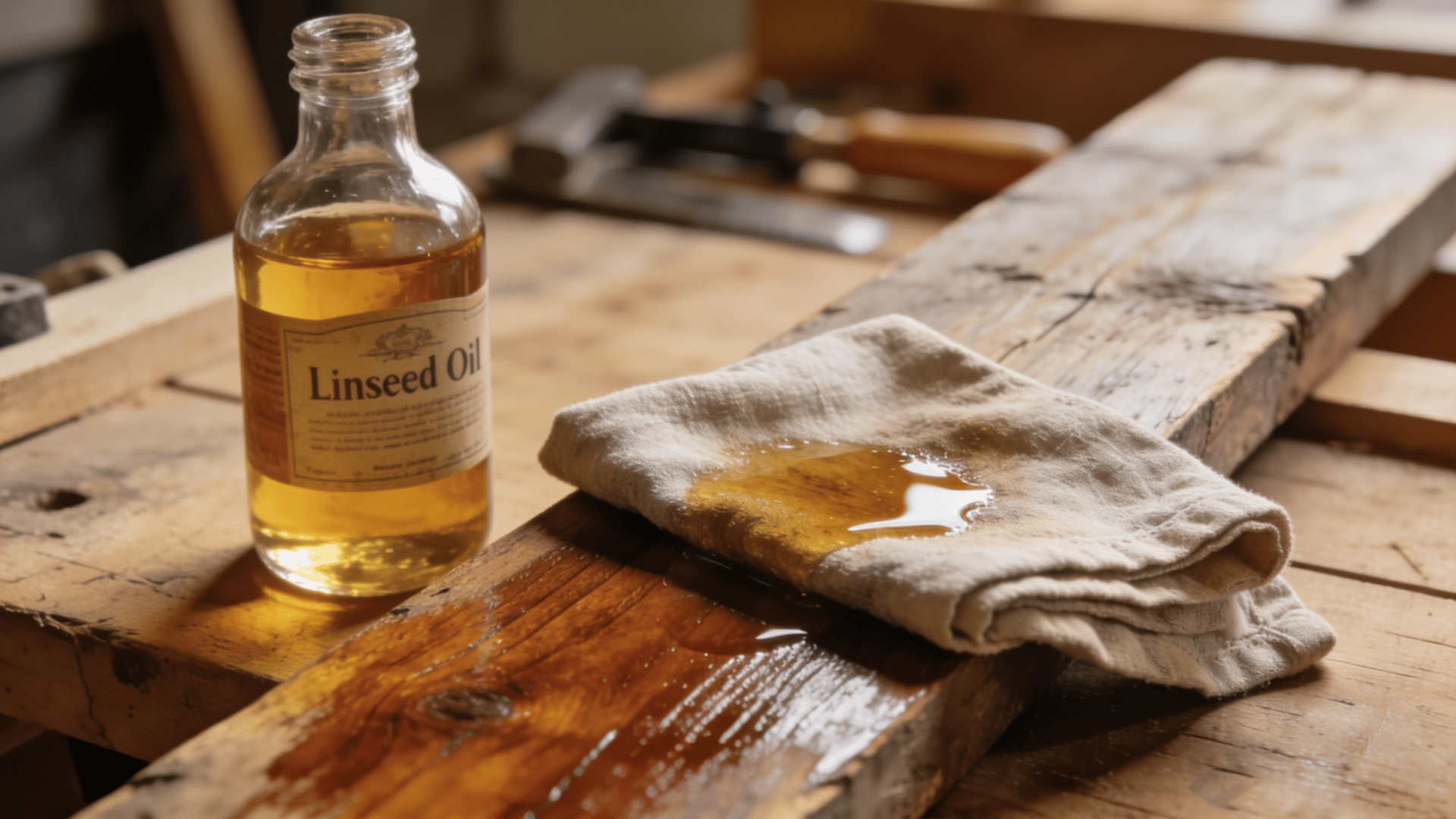 Glass bottle of linseed oil beside wooden plank being wiped with cloth to apply oil finish