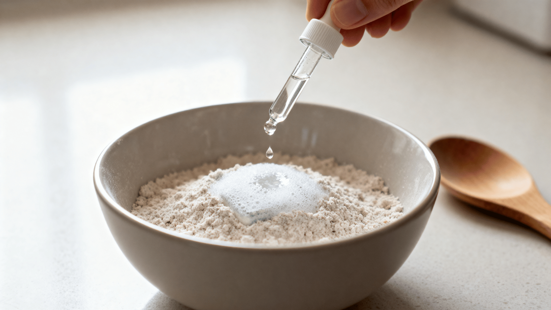 liquid added slowly to dishwasher tablet mixture