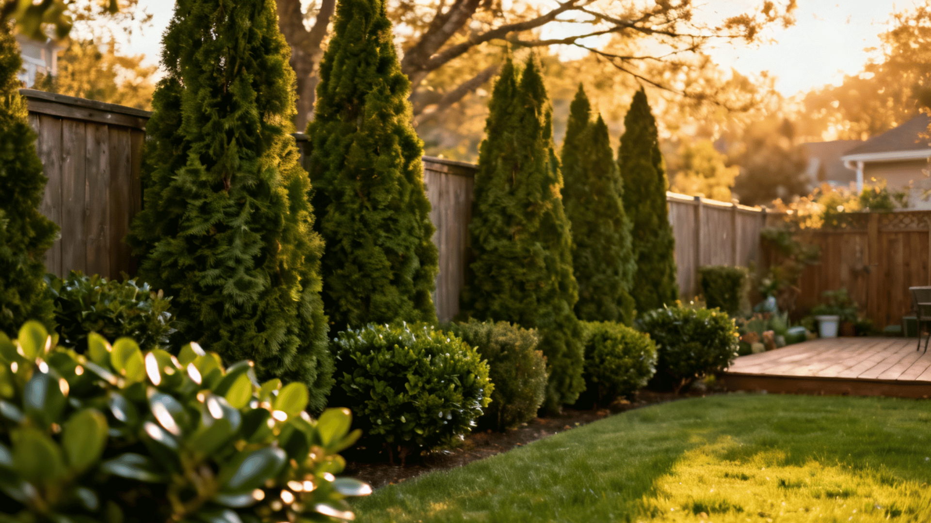 living privacy fence created with evergreen trees and shrubs surrounding a backyard lawn and deck in warm sunset light