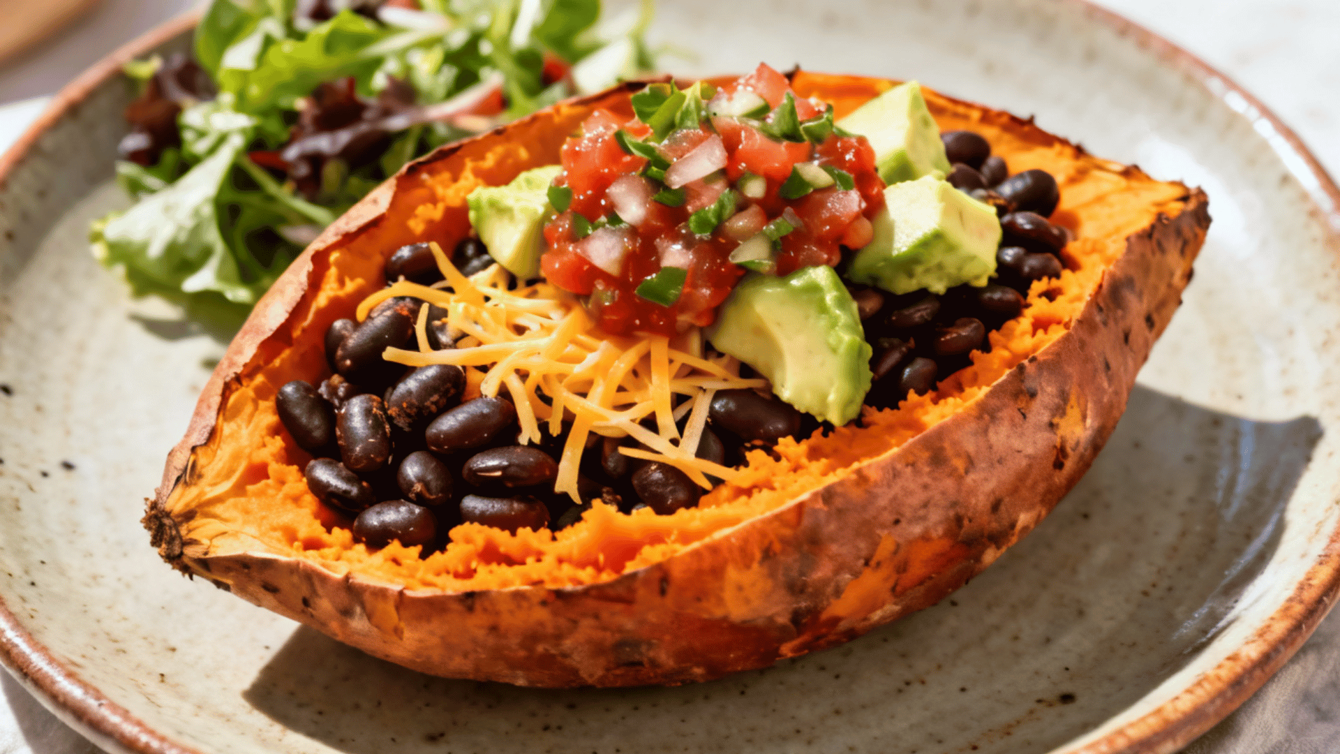 loaded baked sweet potato filled with black beans, cheese, avocado, and fresh salsa served with a side salad on a plate