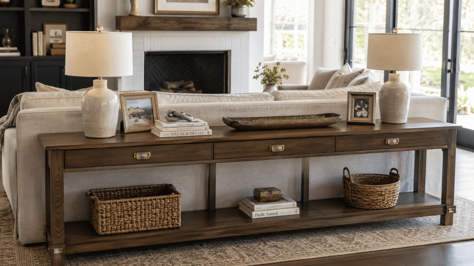 long wooden sofa table with drawers, lamps, baskets, books, and framed decor behind couch