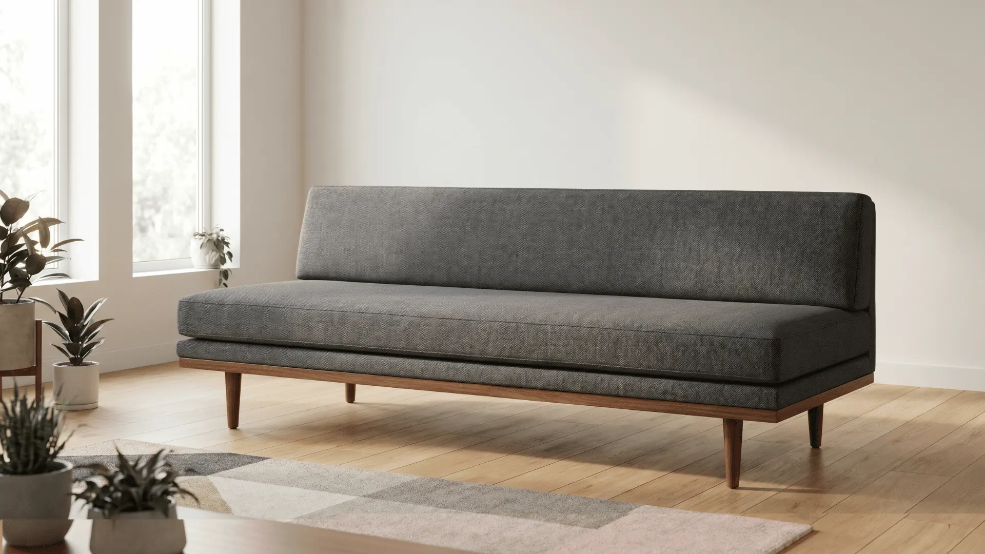 Low profile mid-century sofa with straight back and tapered wooden legs in a bright room