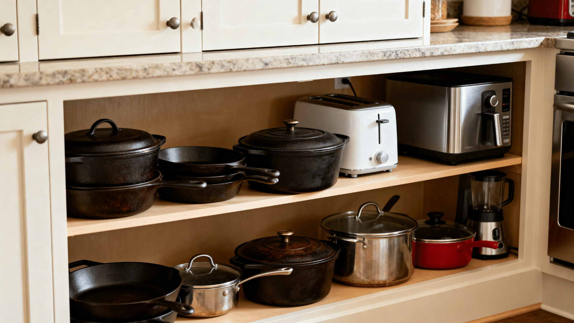 lower kitchen cabinet storing heavy pots pans and appliances safely for easier access and improved organization