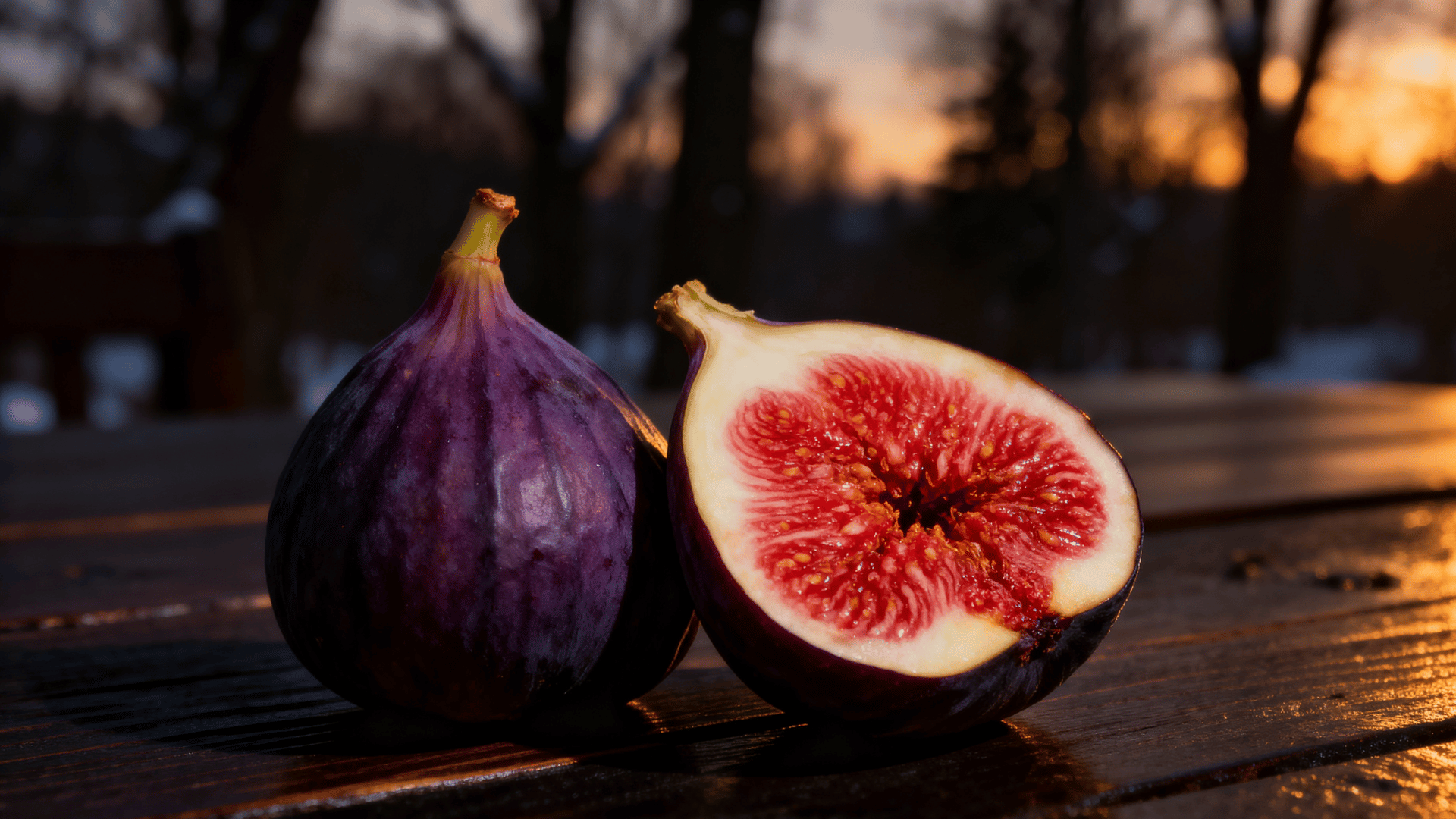 lsu purple figs deep purple skin on wood sliced showing red moody light