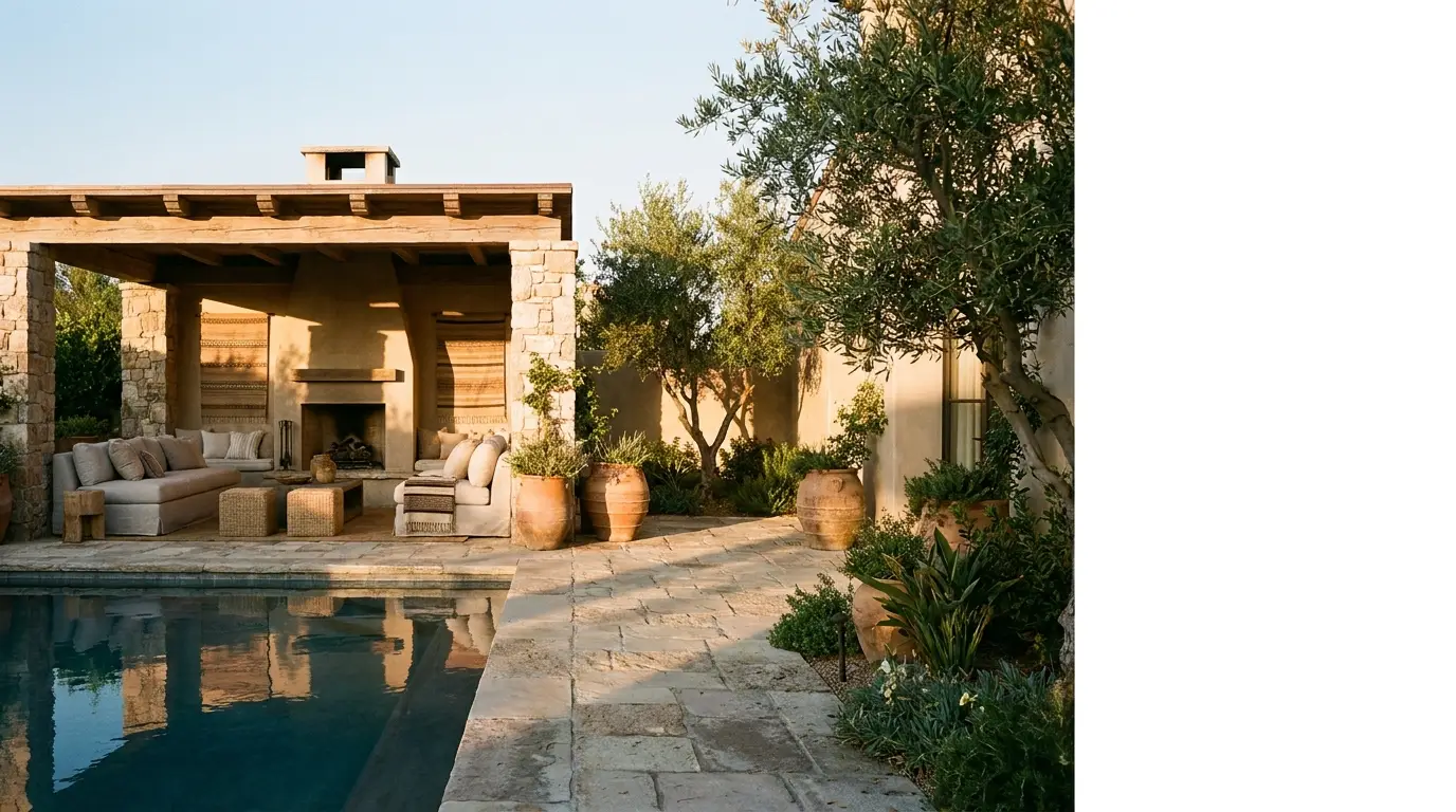 Outdoor patio with stone fireplace, wooden pergola, and cozy seating by a poolreflecting natural light