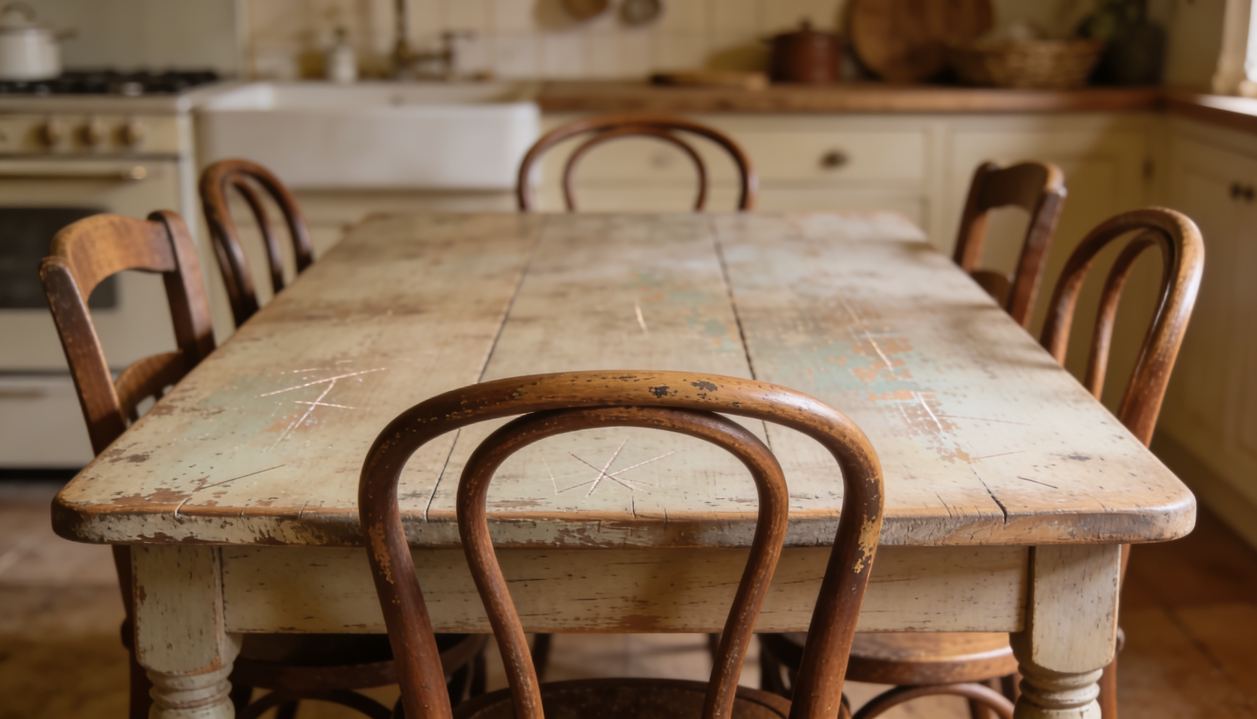 Subject – a <echighlighted><echighlighted>French country kitchen</echighlighted></echighlighted> table with mixed seating Context – placed in the center of a kitchen where meals and daily activities happen Perspective – medium-wide view at eye level showing the table, chairs, and surrounding kitchen details Style – photorealistic Mood – neutral, calm, informational Exclusions – no people, no logos, no text overlays, no dramatic lighting, no overly formal dining setup Alt Text:
