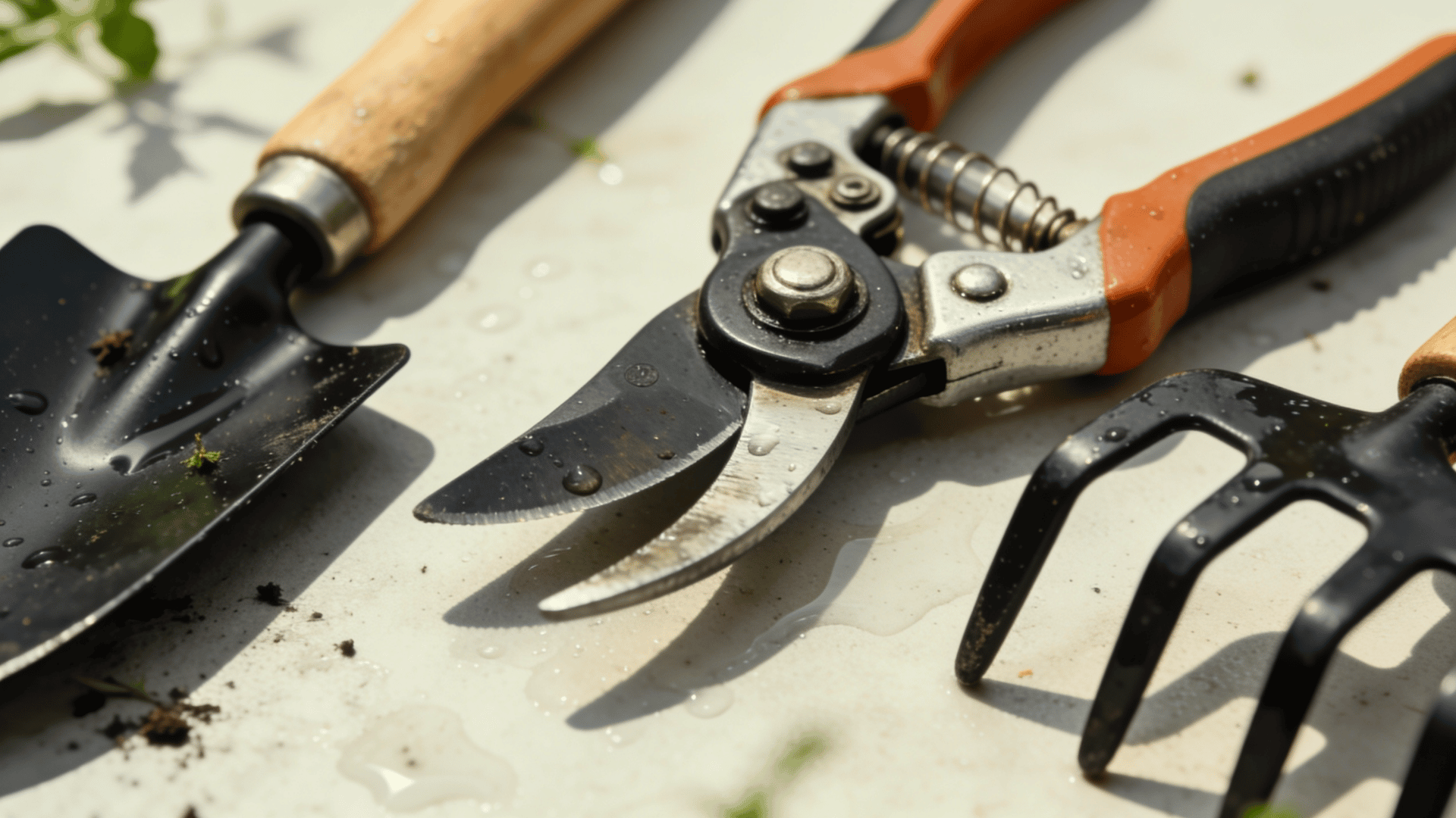 Gardening tools cleaned and prepared before planting dragon fruit cuttings.