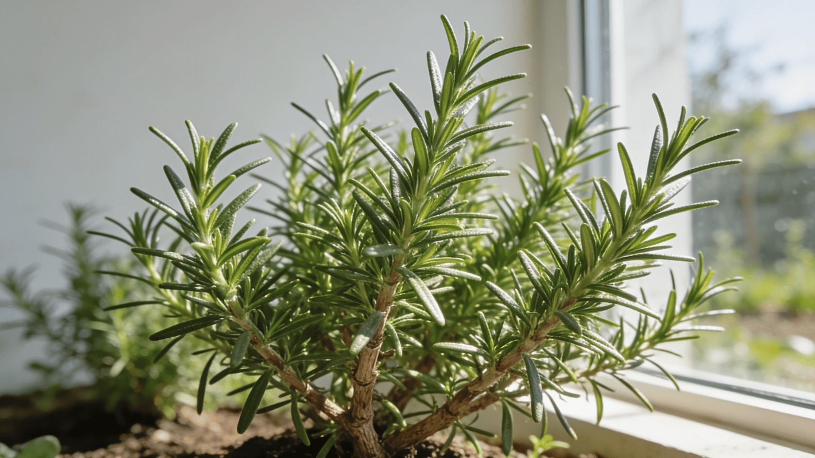 Fresh rosemary plant growing in a pot on an indoor windowsill with sunlight streaming through a window.