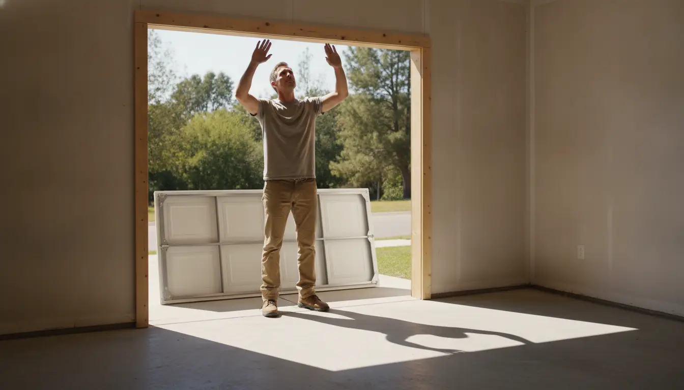 Man installing garage door in unfinished space with wooden frame and sunlight streaming in