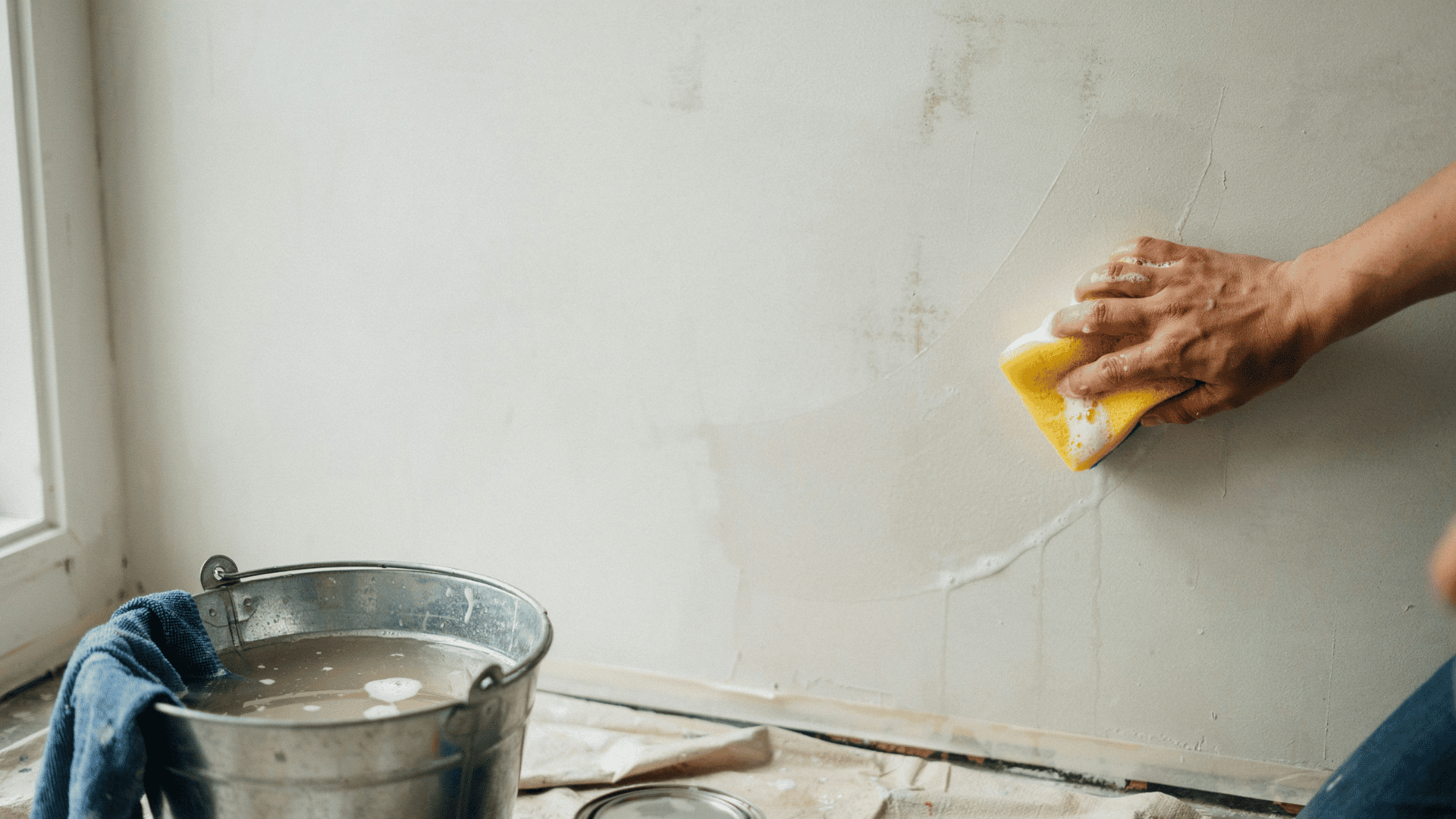 Hand wiping a wall with a sponge during wallpaper removal, with a bucket of soapy water and protective floor covering nearby.