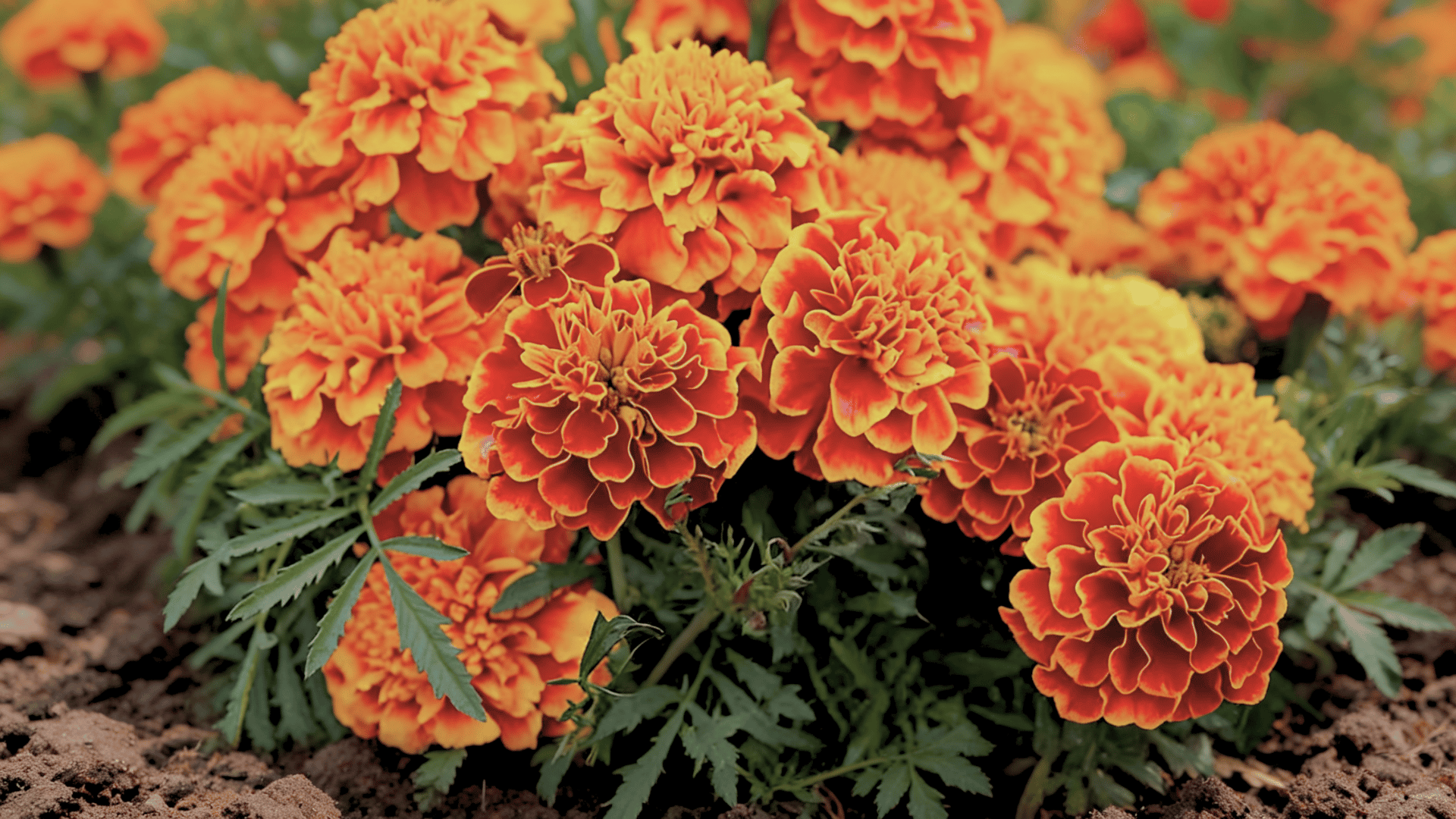 Marigold plants with yellow and orange flowers growing in a garden bed.