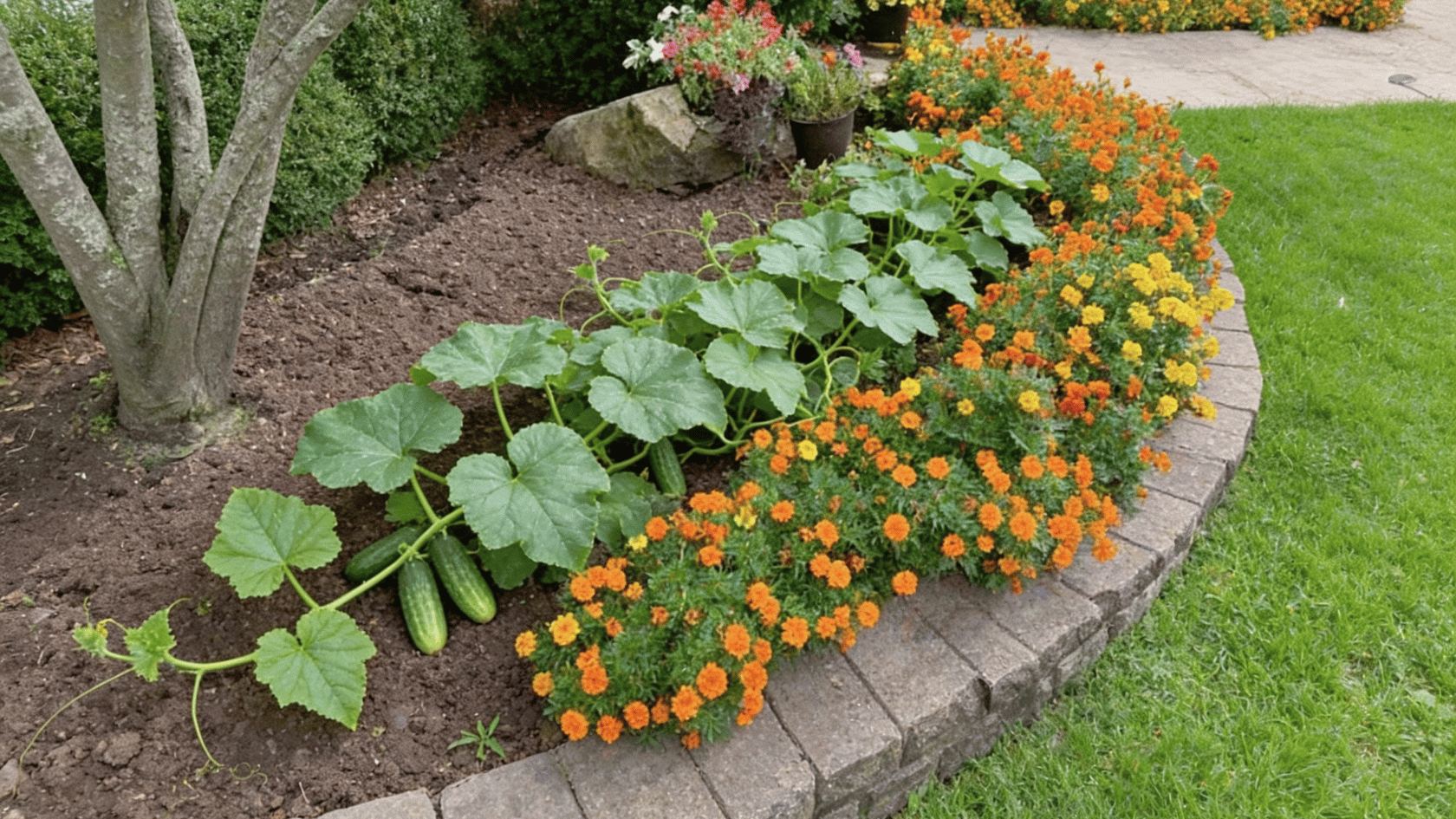 Marigold plants growing in soil bed beside cucumber plants