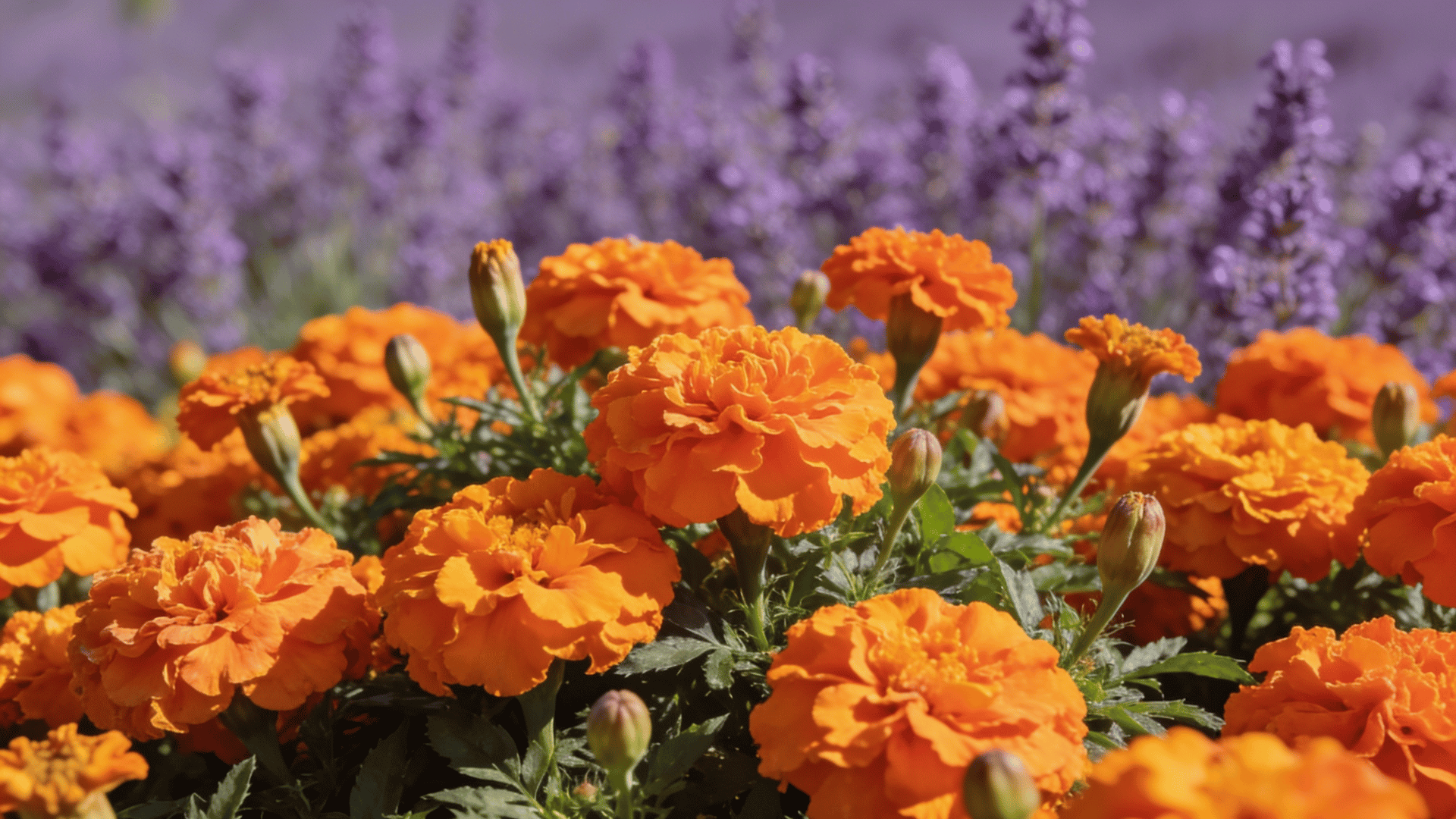 Marigolds planted beside lavender in a vegetable garden with pest-repelling effect.