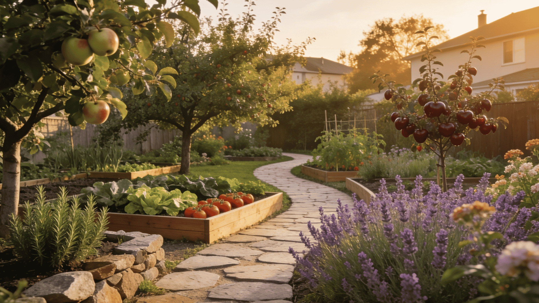 mature edible landscape featuring fruit trees, raised vegetable beds, flowering herbs, and a stone pathway in a suburban backyard.
