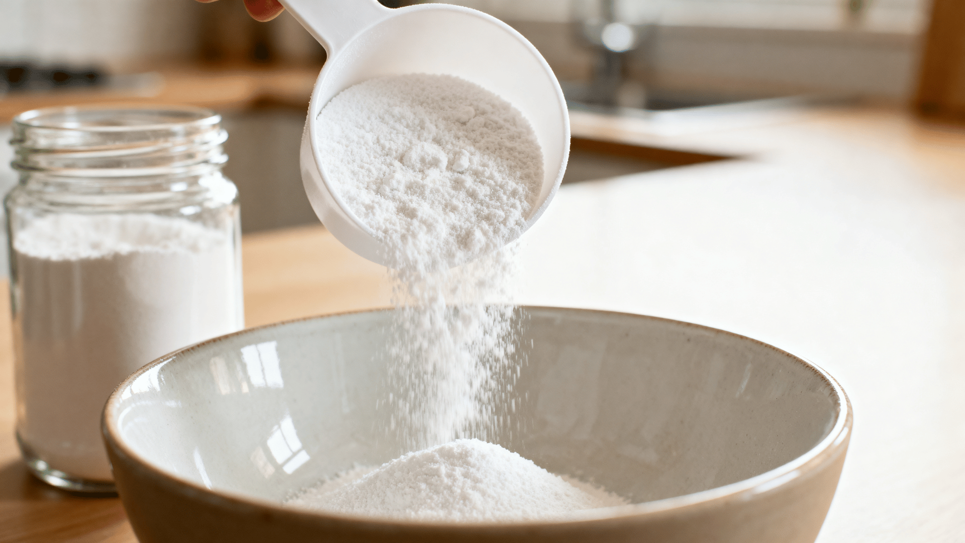 measuring scoop pouring homemade dishwasher detergent powder into a bowl or jar in a kitchen setting