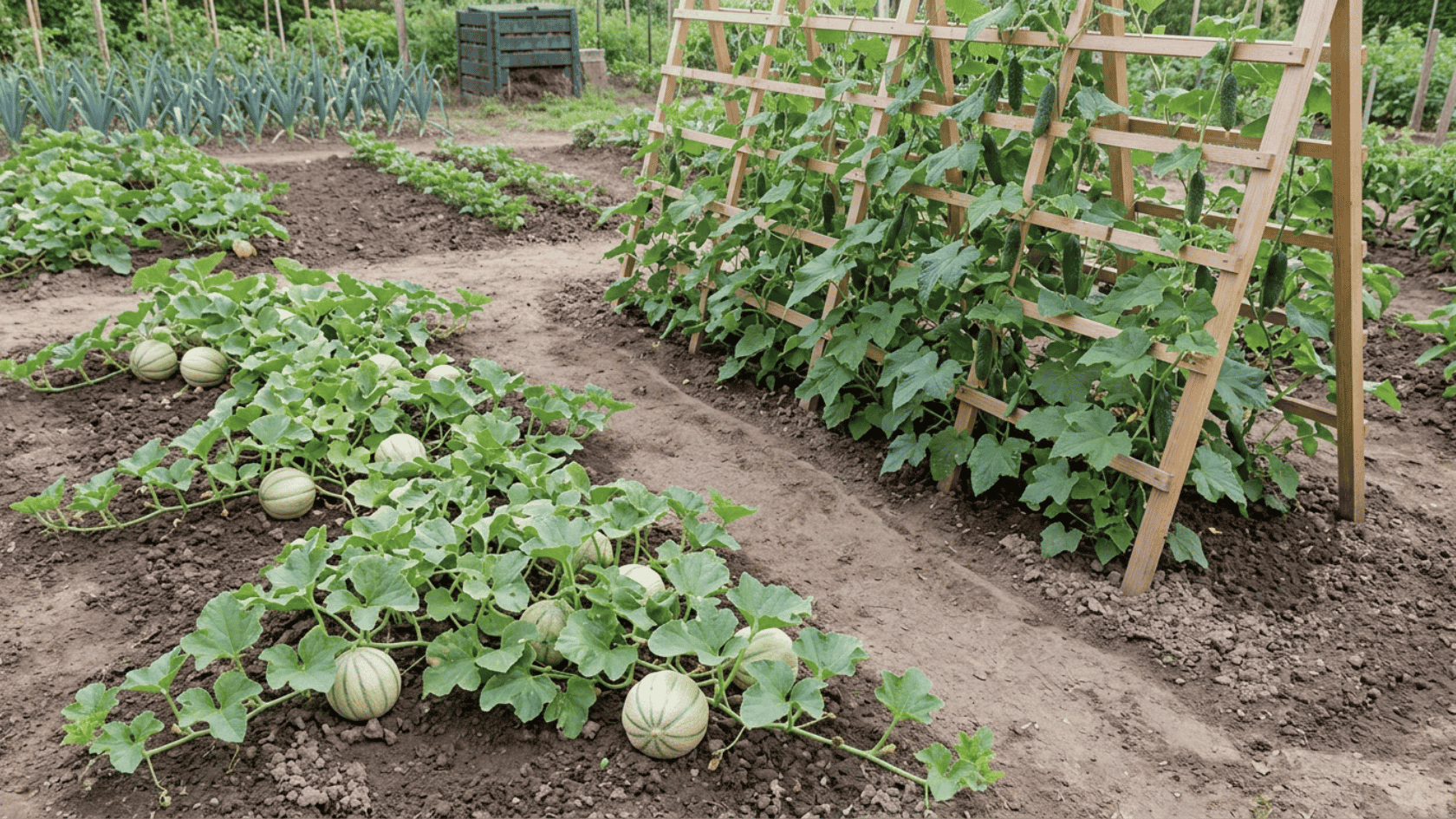 Melon plants growing in a garden bed separate from cucumber vines