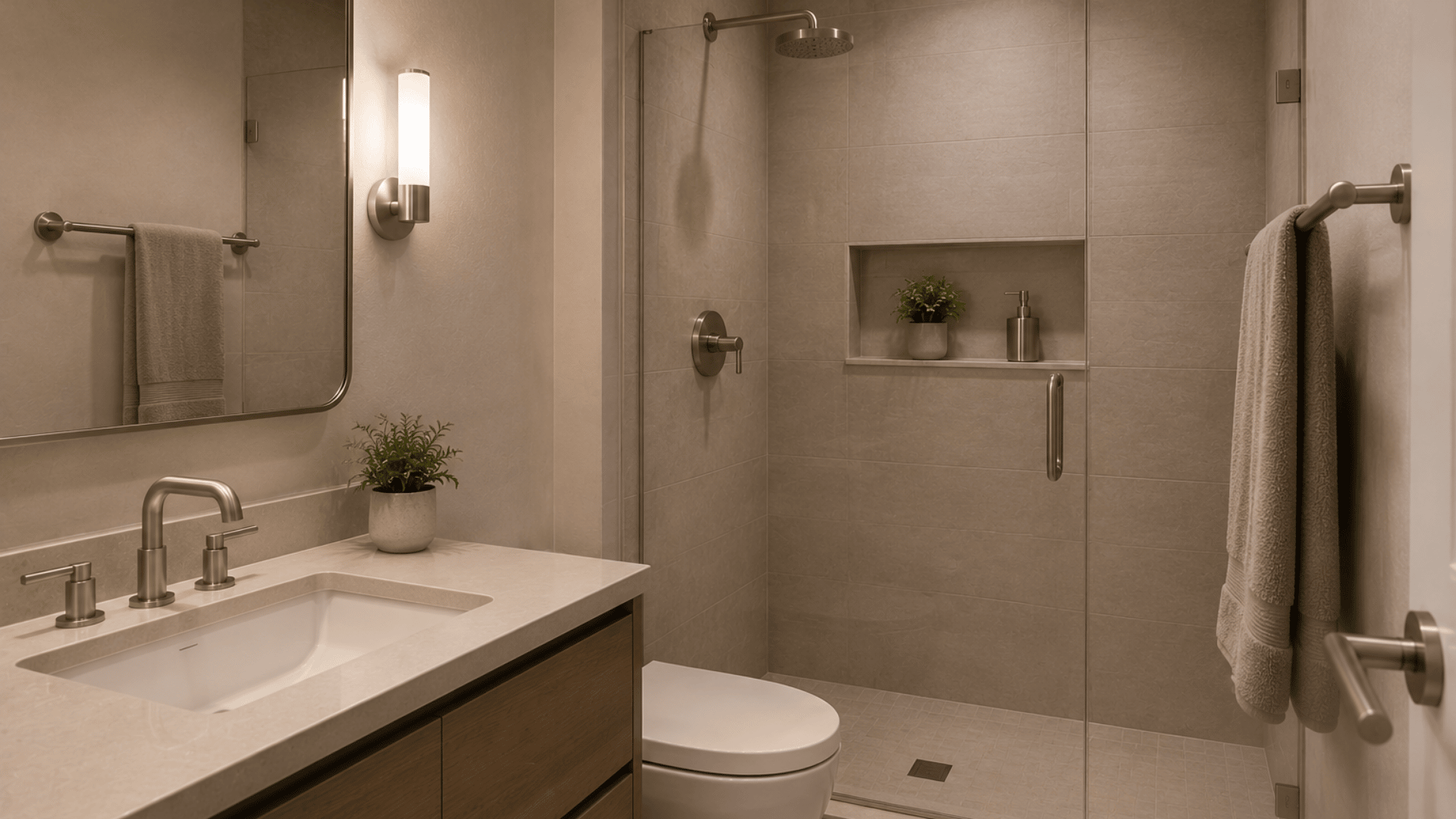 Bathroom fixtures with matching metal finish across faucet shower and accessories