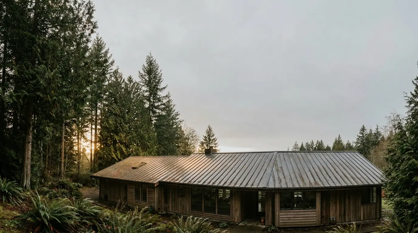 Wooden cabin with metal roof nestled in dense evergreen forest at sunset