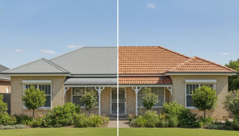 House exterior with split view of metal and terracotta tile roof in a landscaped garden setting