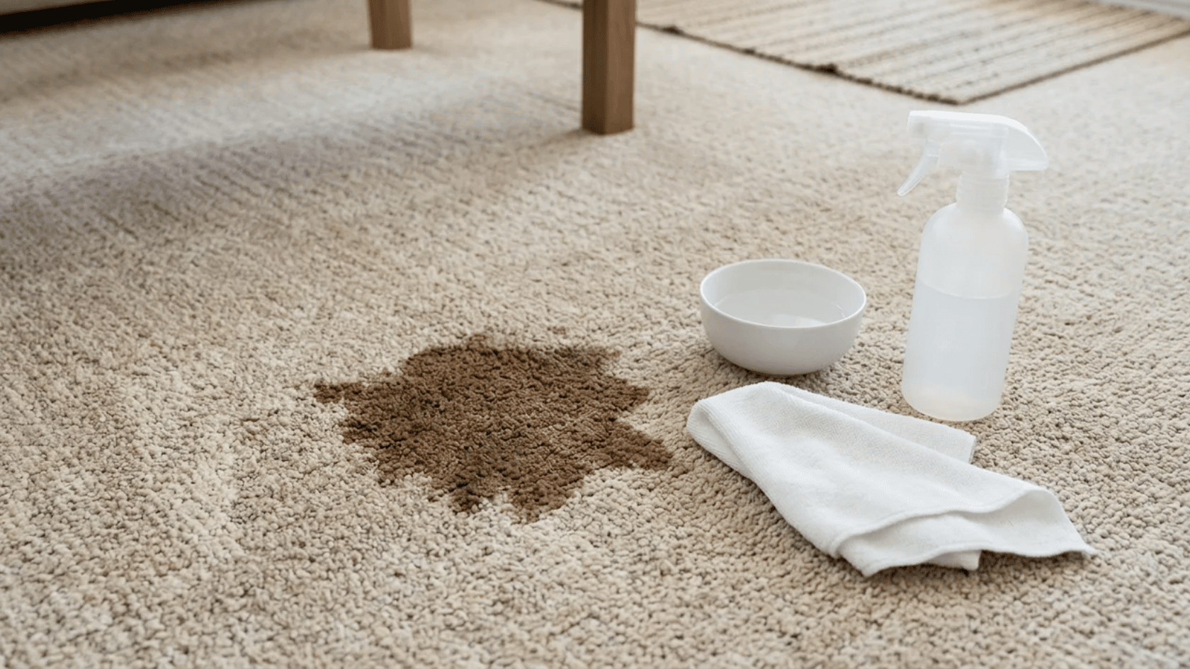 Coffee spill on carpet with cloth, bowl, and spray bottle nearby