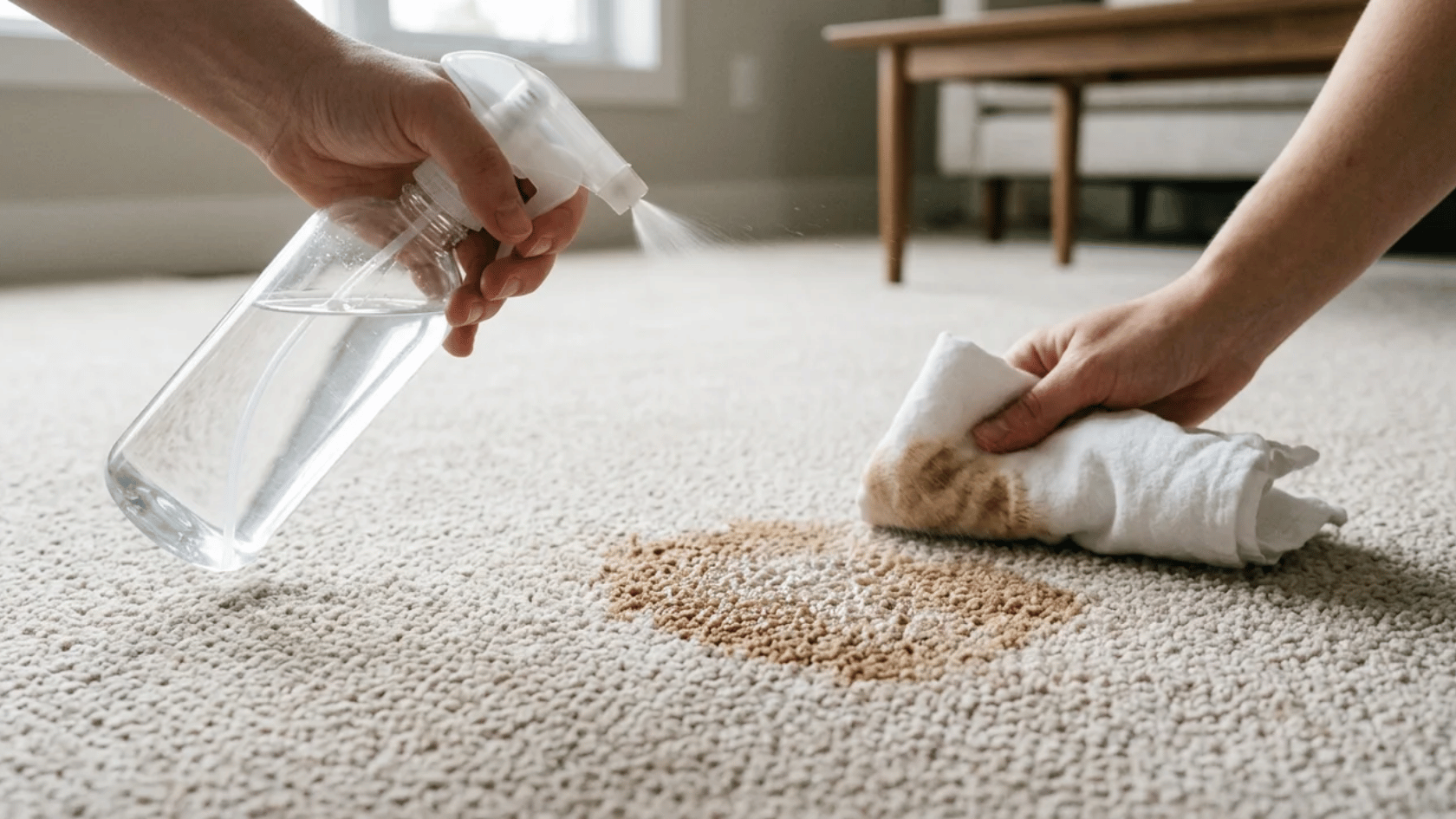 Coffee stain on carpet being treated with spray bottle and blotted with white cloth