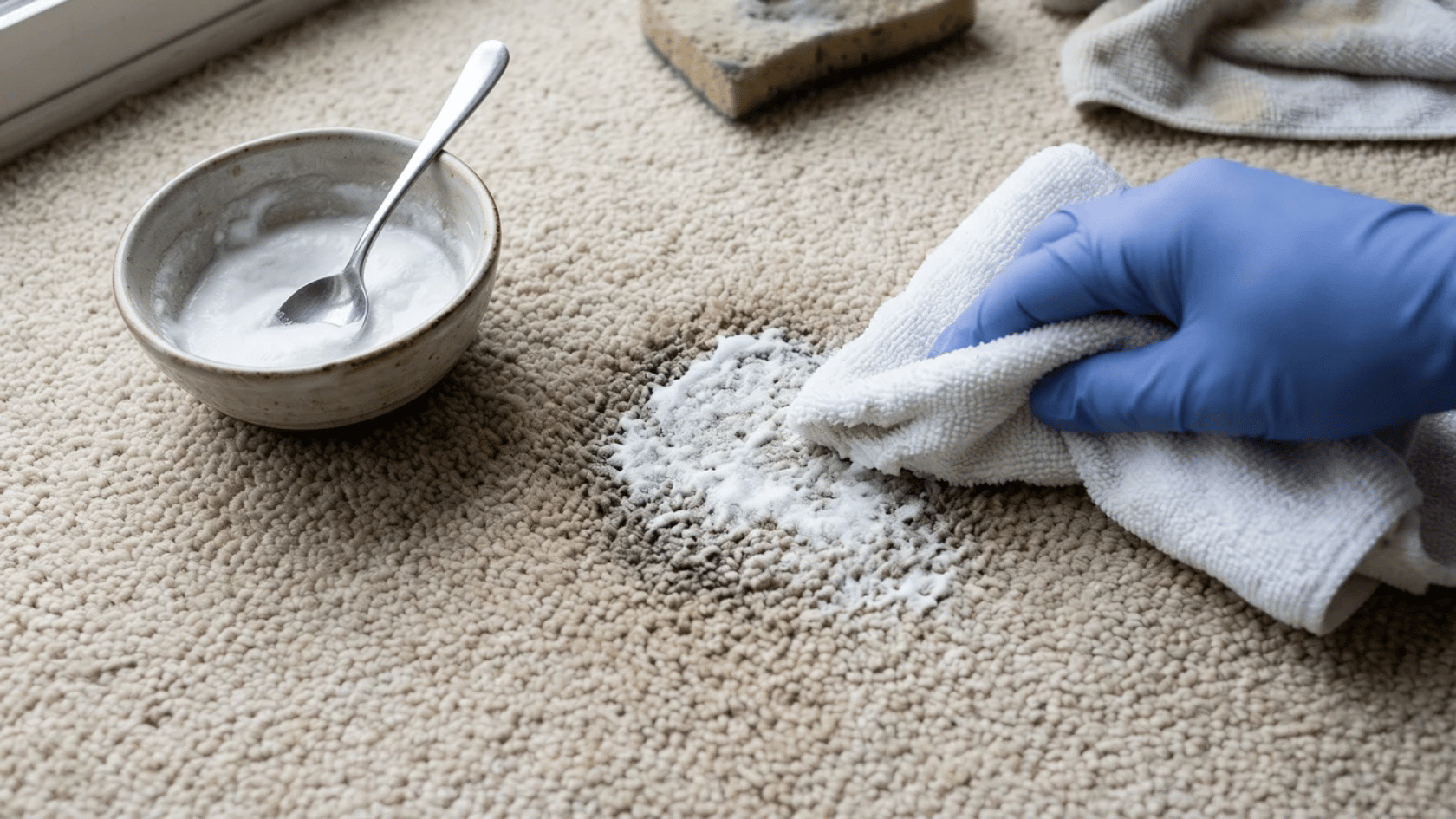 Baking soda paste applied to carpet stain with cloth and small bowl nearby