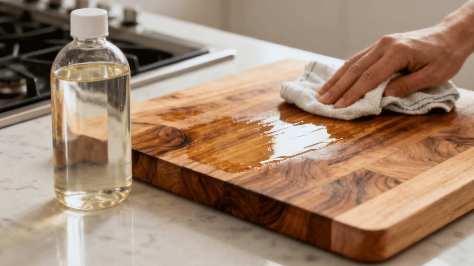 Hand applying oil to a wooden cutting board with a cloth beside a bottle of clear oil on a kitchen counter.