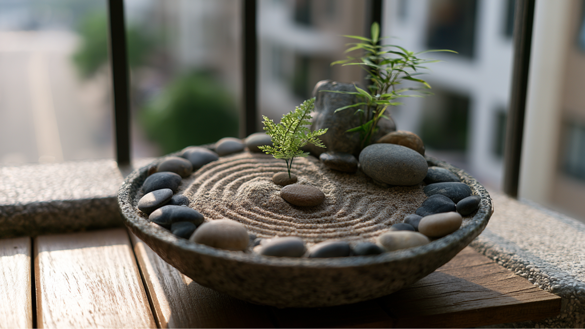 mini zen garden tray with raked sand, stones, and fern on a sunny balcony floor by railing (2)