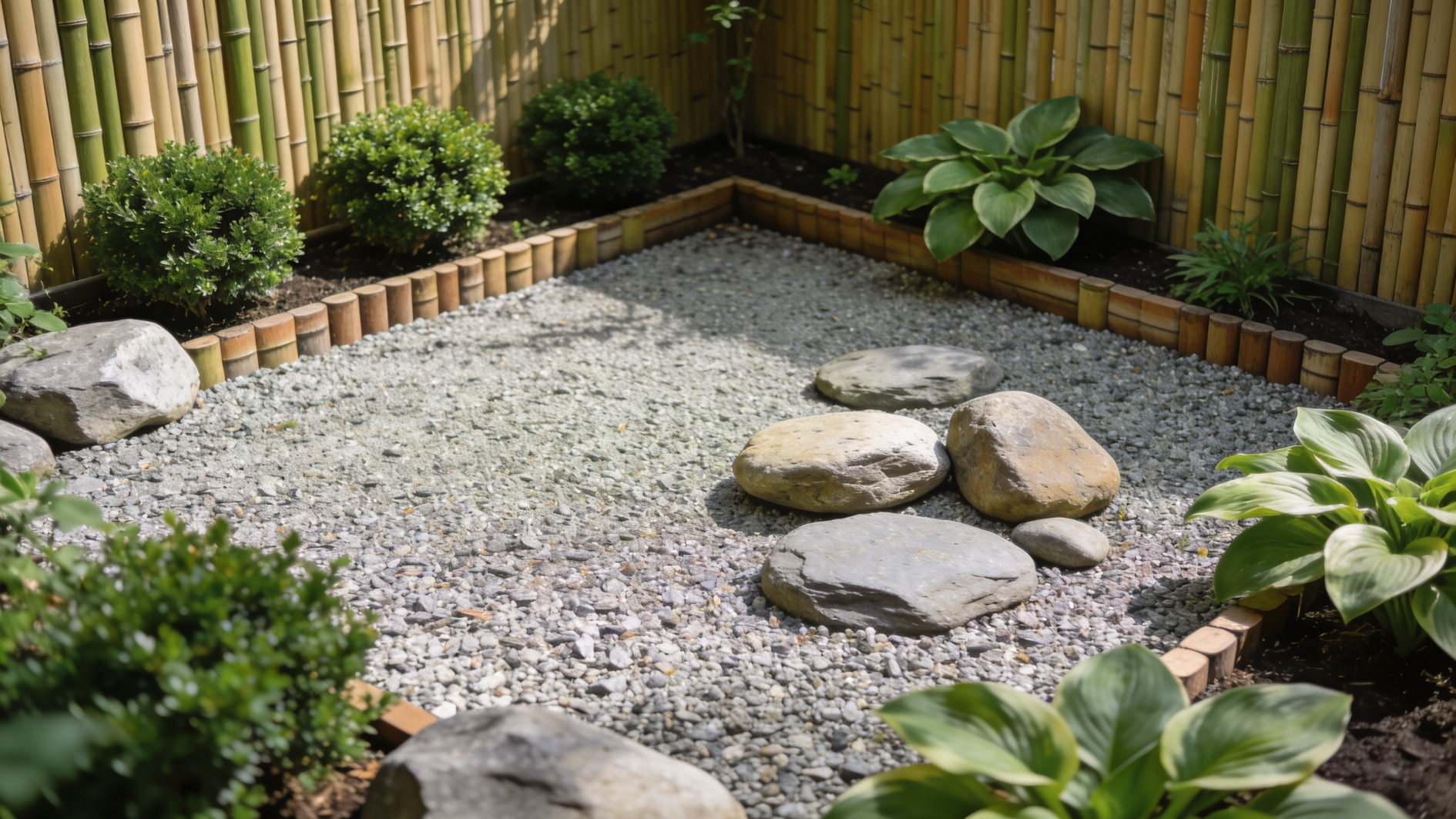 mini zen garden tray with raked sand, stones, and fern on a sunny balcony near railing