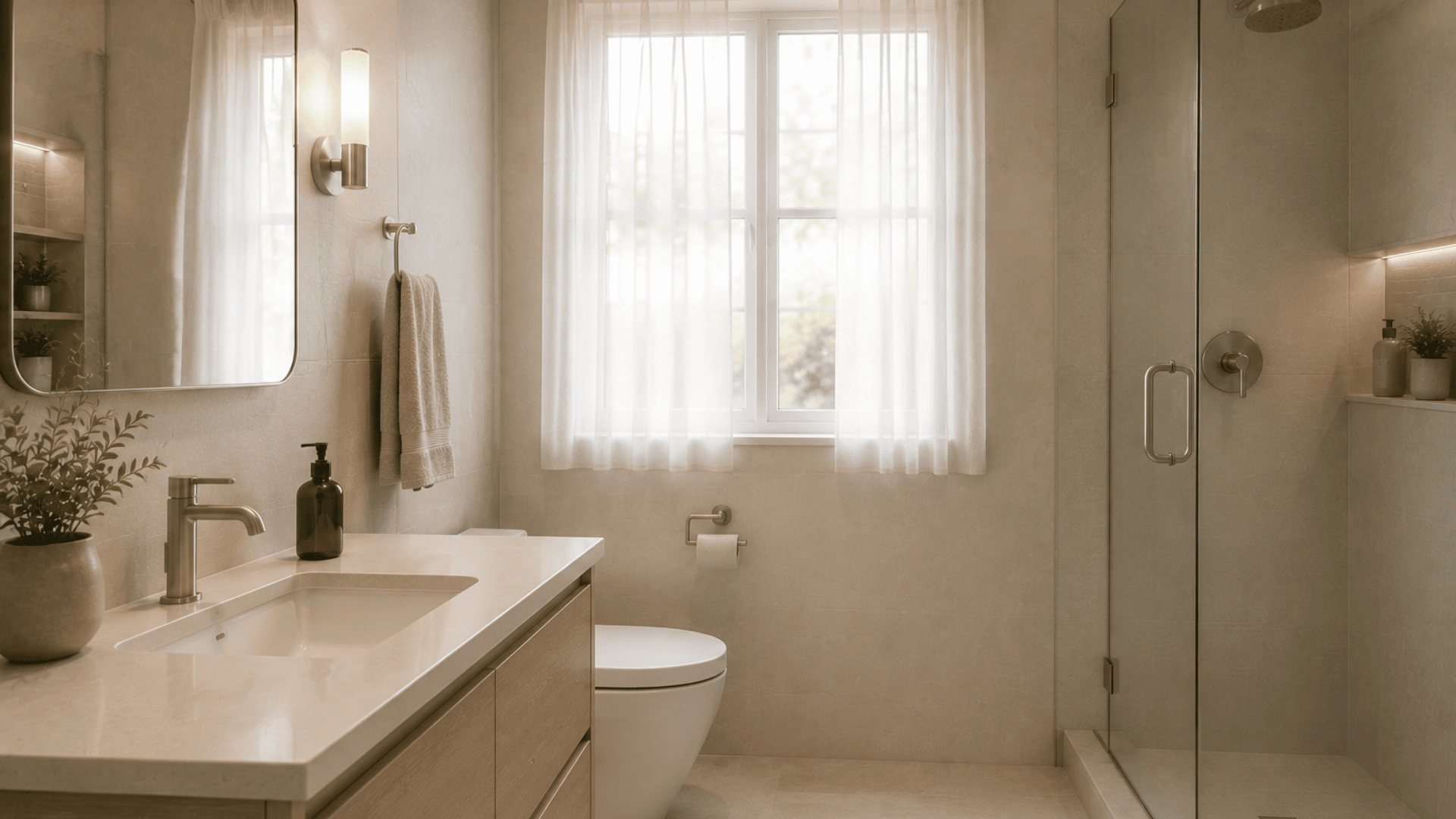 Bathroom window with sheer curtain allowing natural light into small bathroom