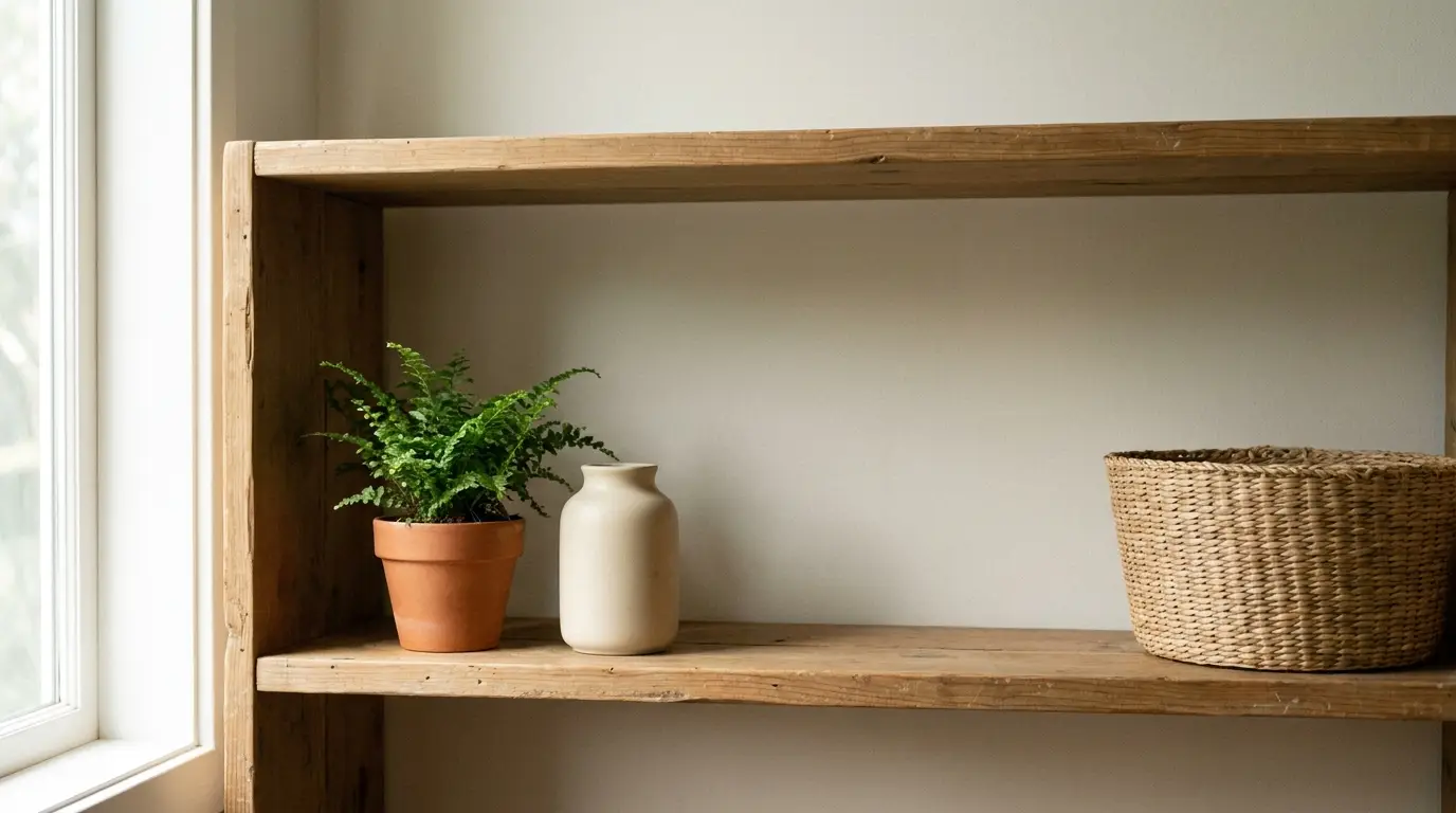Potted fern, cream vase, and woven basket on wooden shelf under soft natural light