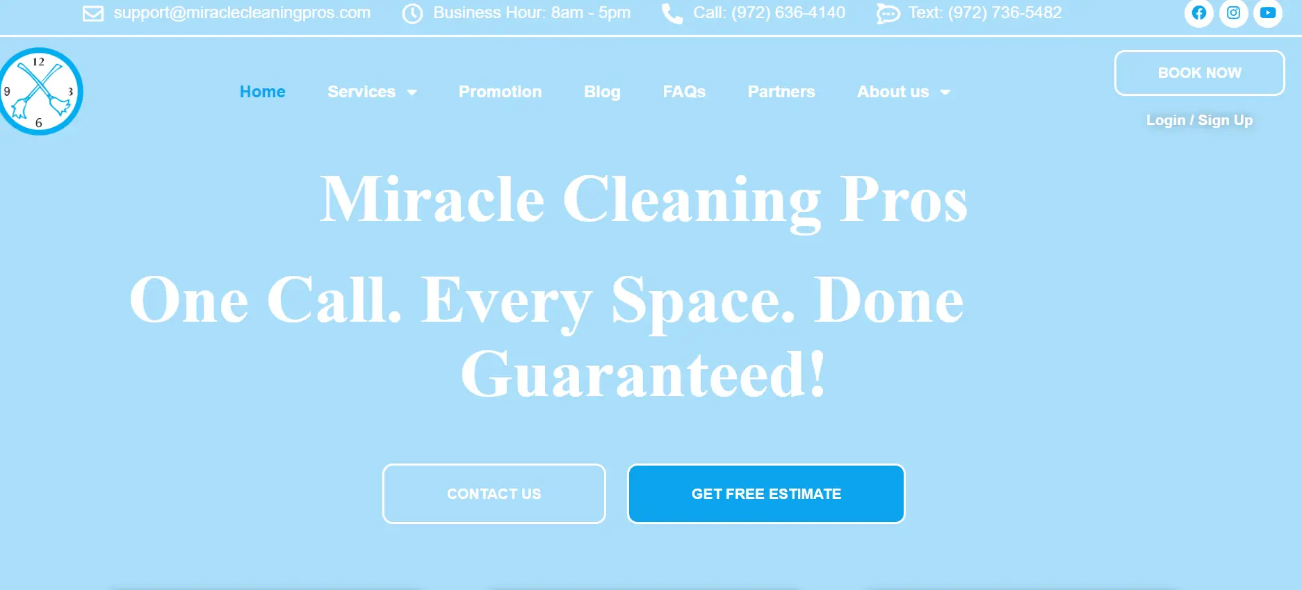 Blue website header with cleaning service logo and contact information links