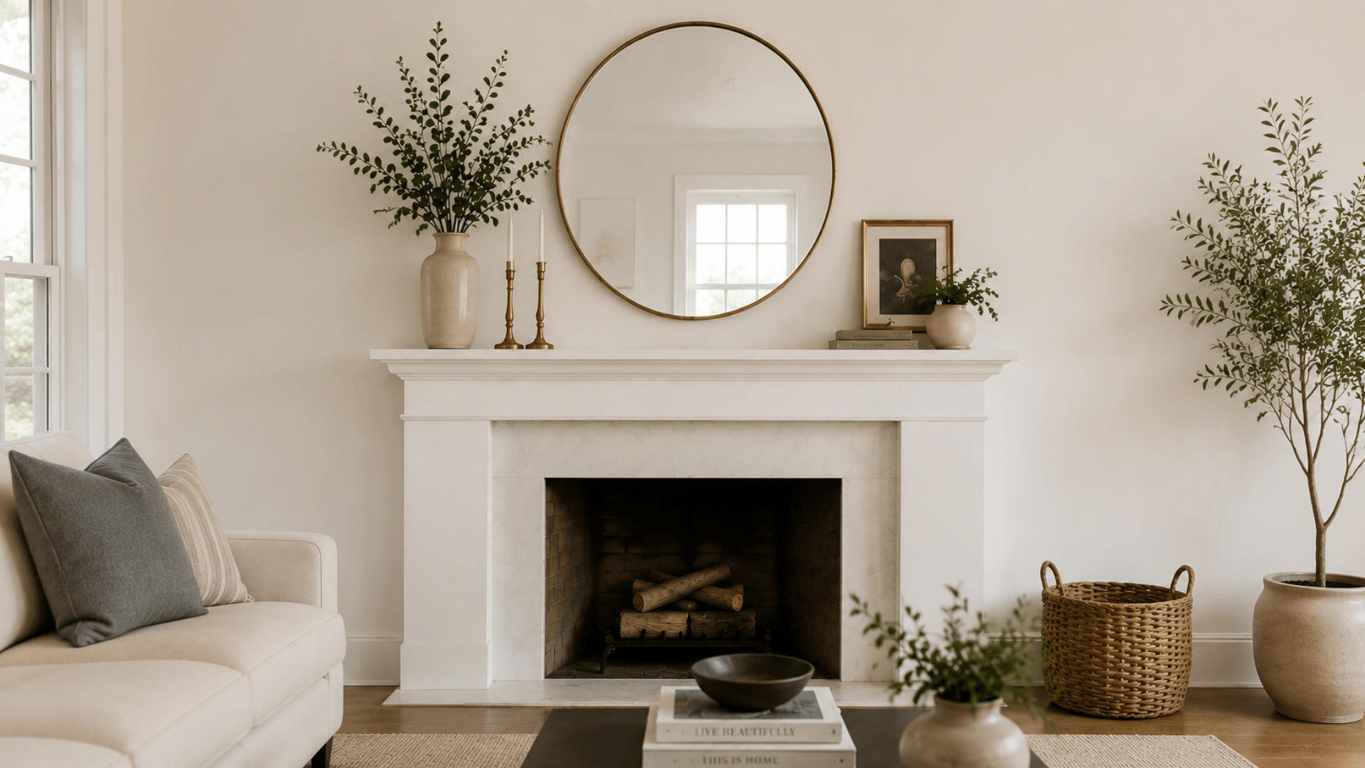 Round mirror above fireplace mantel with vases, candles, plants, and framed decor.