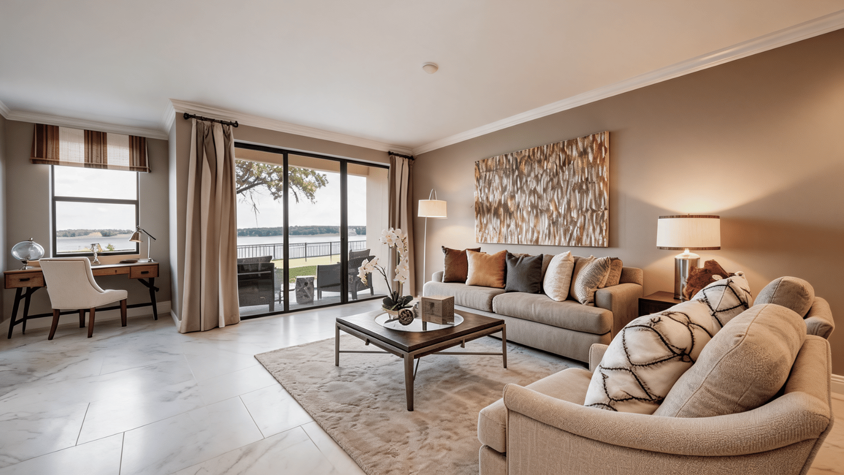 Modern living room with beige sofas, coffee table, sliding glass doors, and a desk overlooking water view